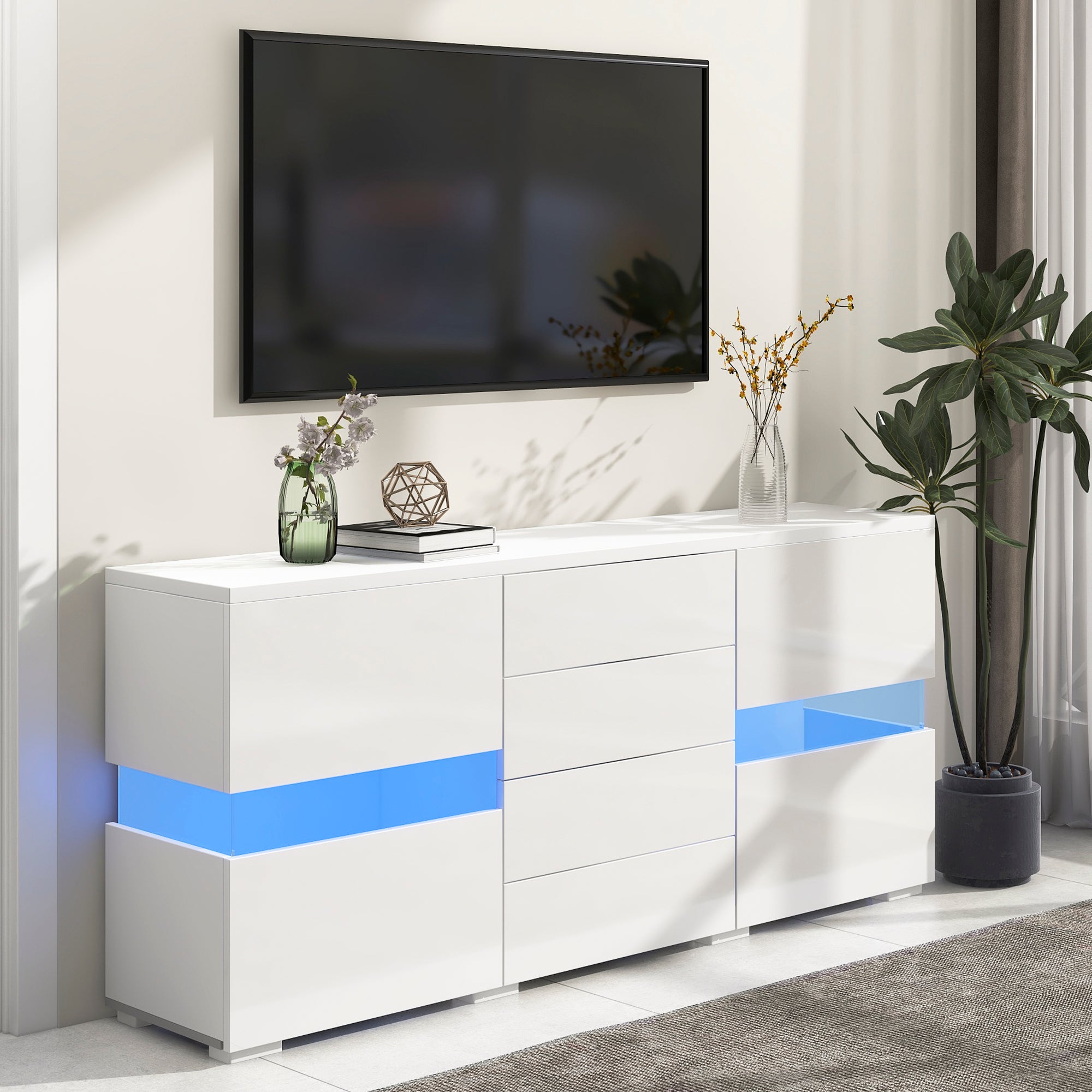 Sideboard Storage Cabinet 16 Color LED Lights - High-Gloss White