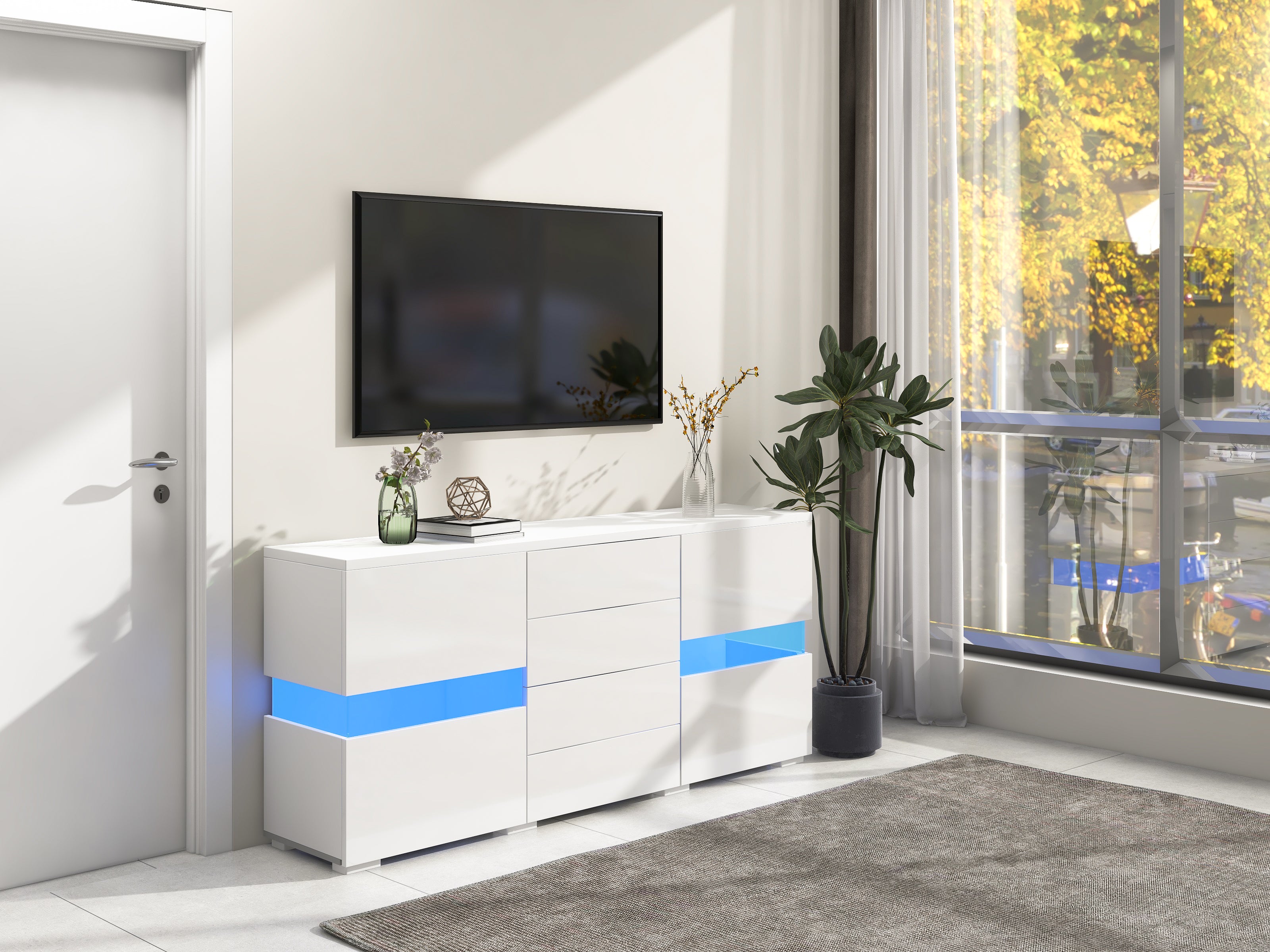 Sideboard Storage Cabinet 16 Color LED Lights - High-Gloss White