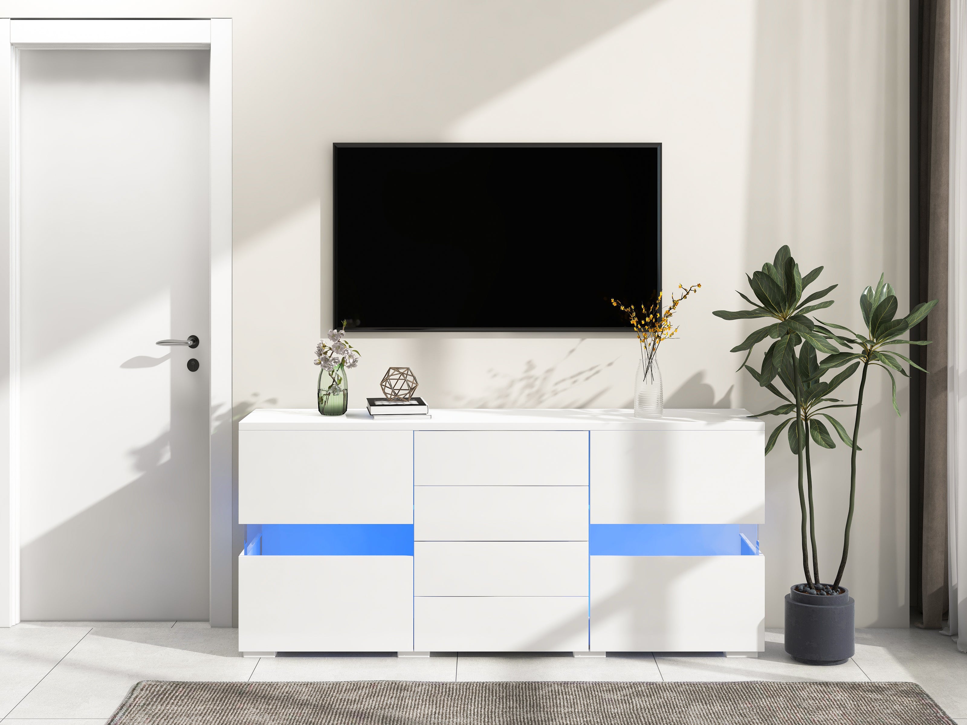 Sideboard Storage Cabinet 16 Color LED Lights - High-Gloss White