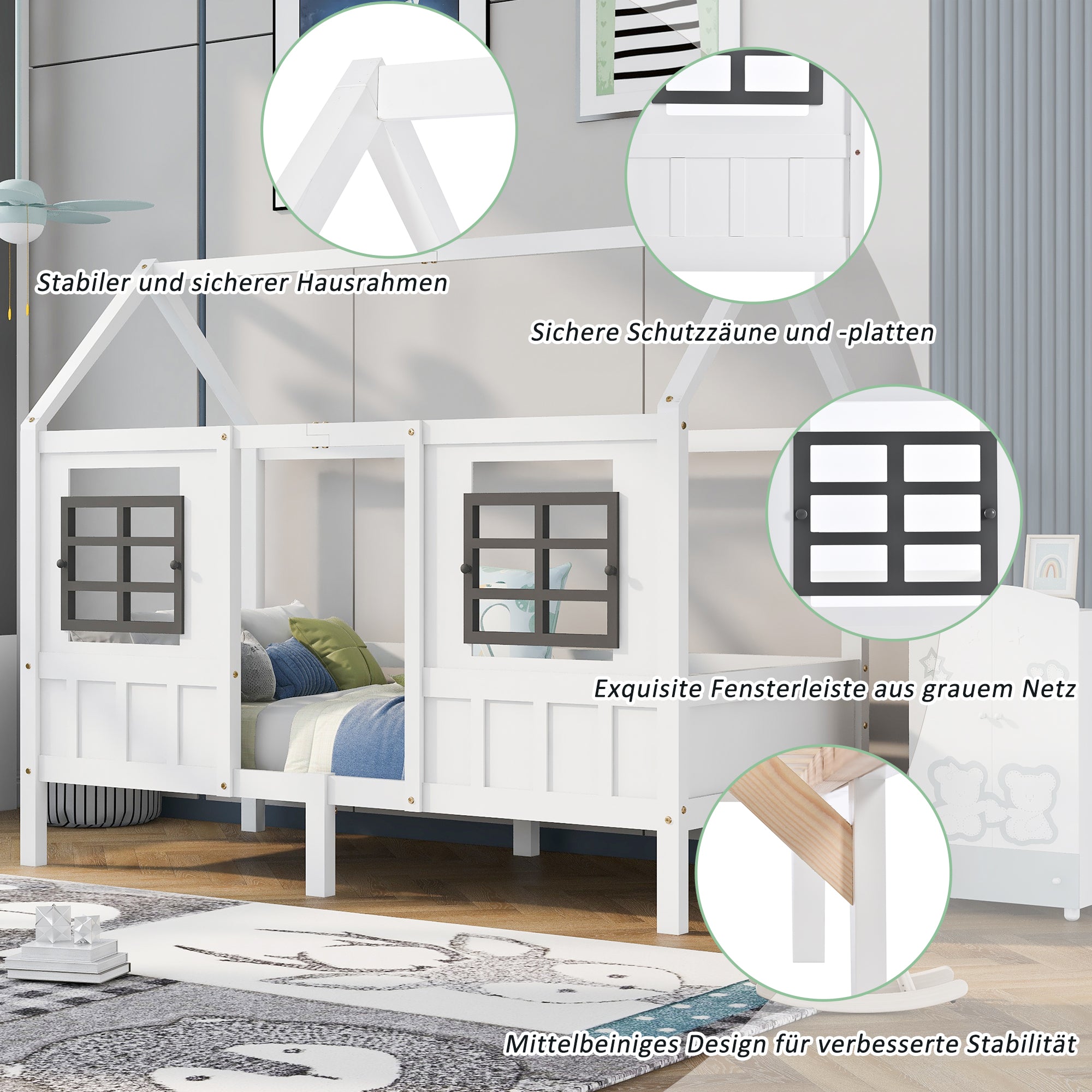 House Bed, Single Day Children's Bed with 2 Windows, Pine MDF, White