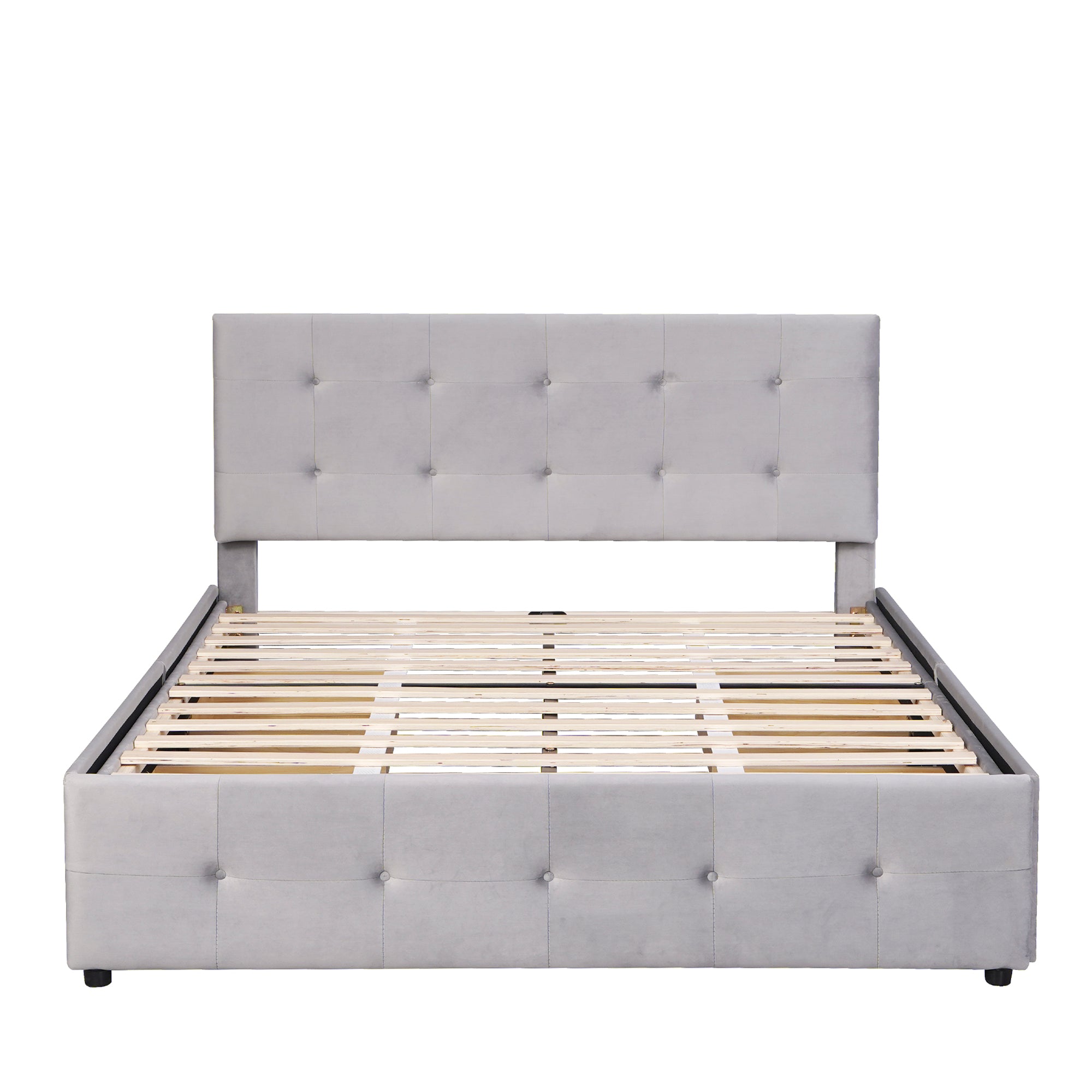 Upholstered Bed, 140x200cm Double with Drawers, Slatted Frame, Backrest, Velvet Fabric Gray