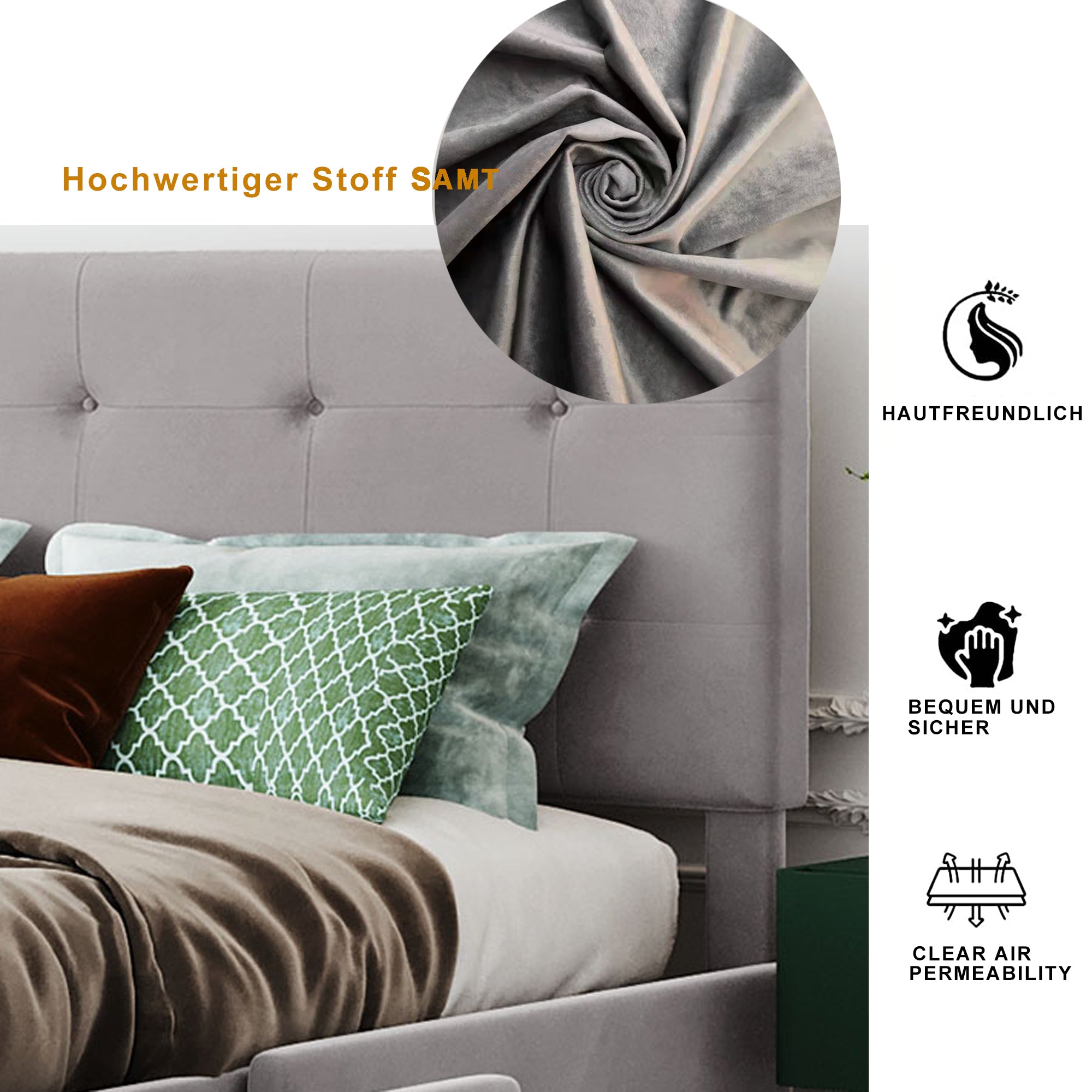 Upholstered Bed, 140x200cm Double with Drawers, Slatted Frame, Backrest, Velvet Fabric Gray