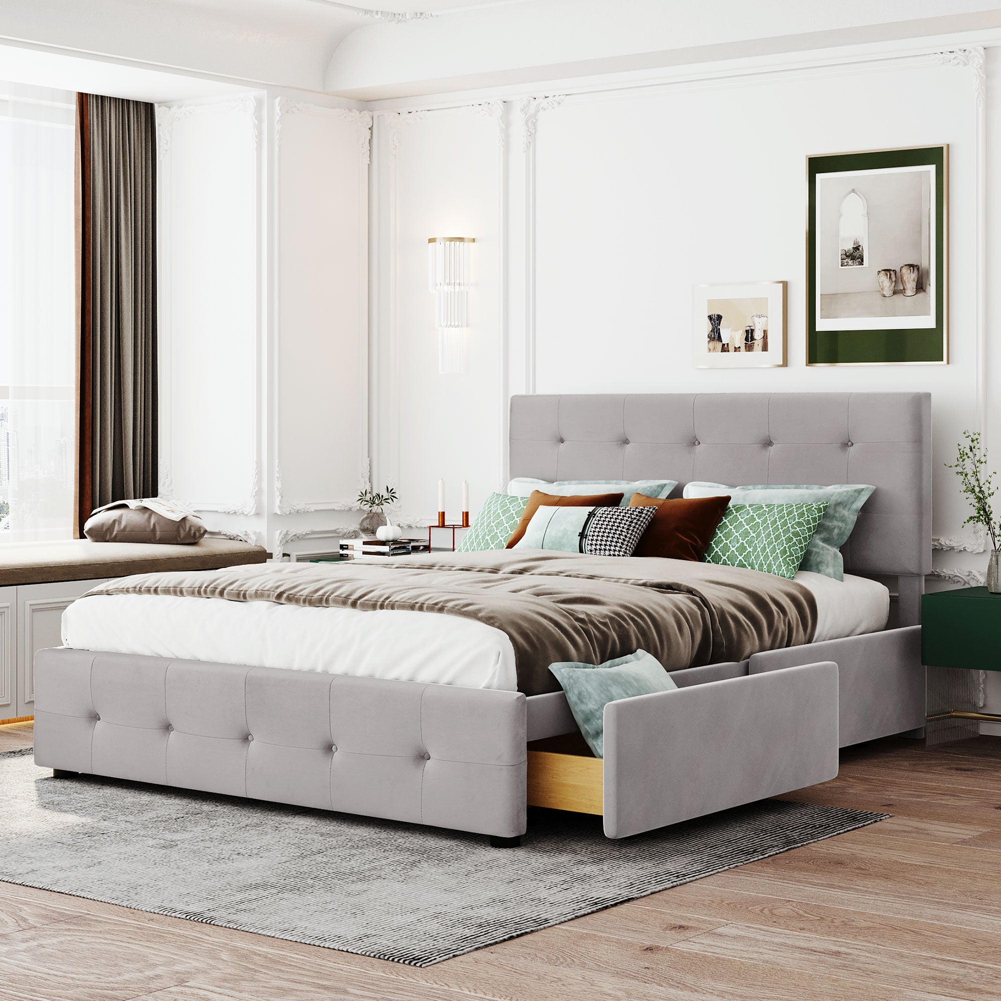 Upholstered Bed, 140x200cm Double with Drawers, Slatted Frame, Backrest, Velvet Fabric Gray