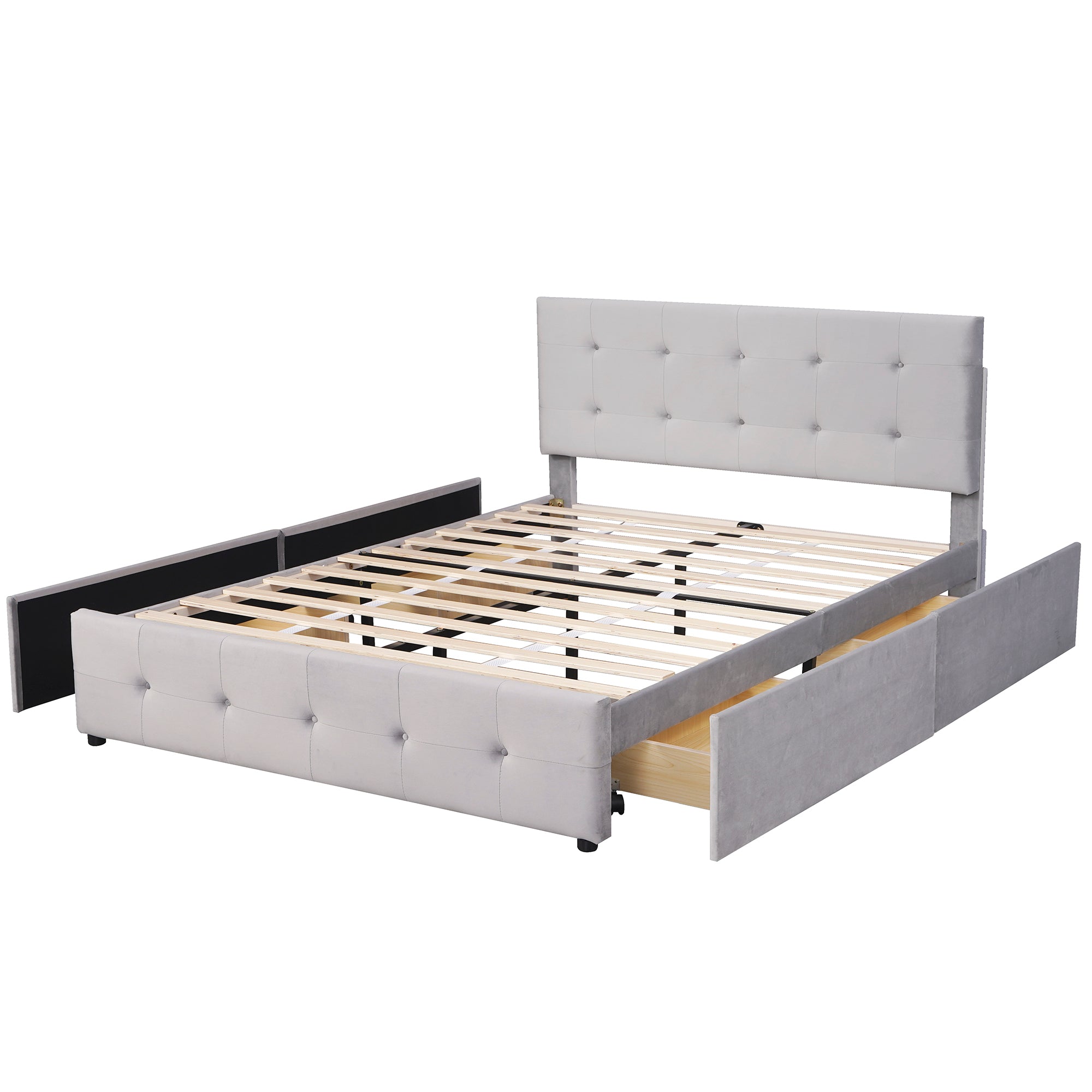 Upholstered Bed, 140x200cm Double with Drawers, Slatted Frame, Backrest, Velvet Fabric Gray