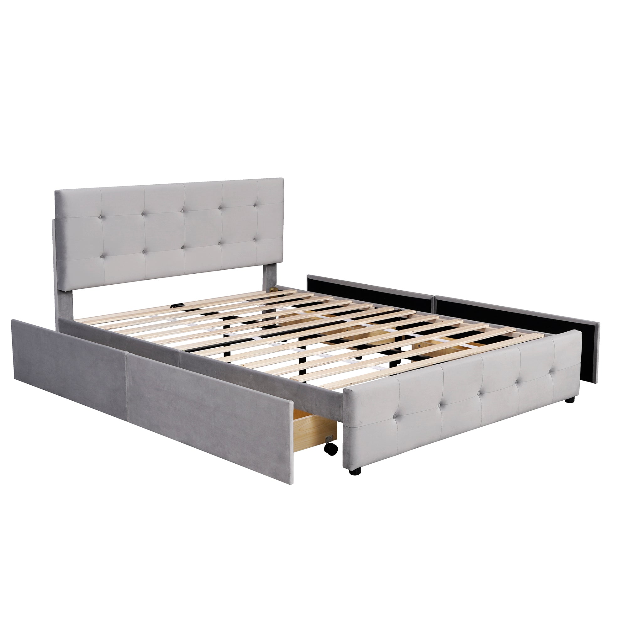Upholstered Bed, 140x200cm Double with Drawers, Slatted Frame, Backrest, Velvet Fabric Gray