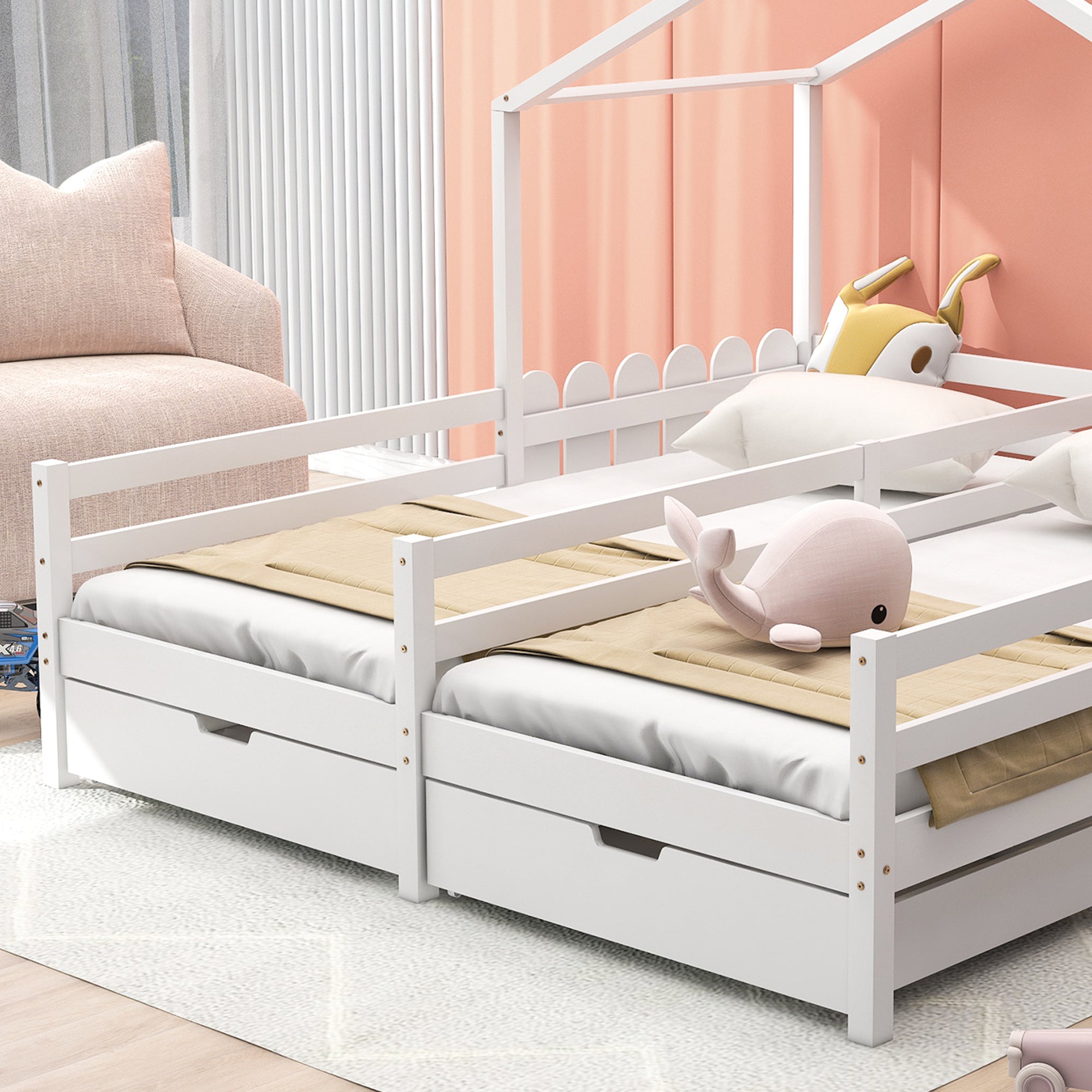House Bed, Double Kids Cot with 2 MDF Drawers, Pine Slatted Frame, White