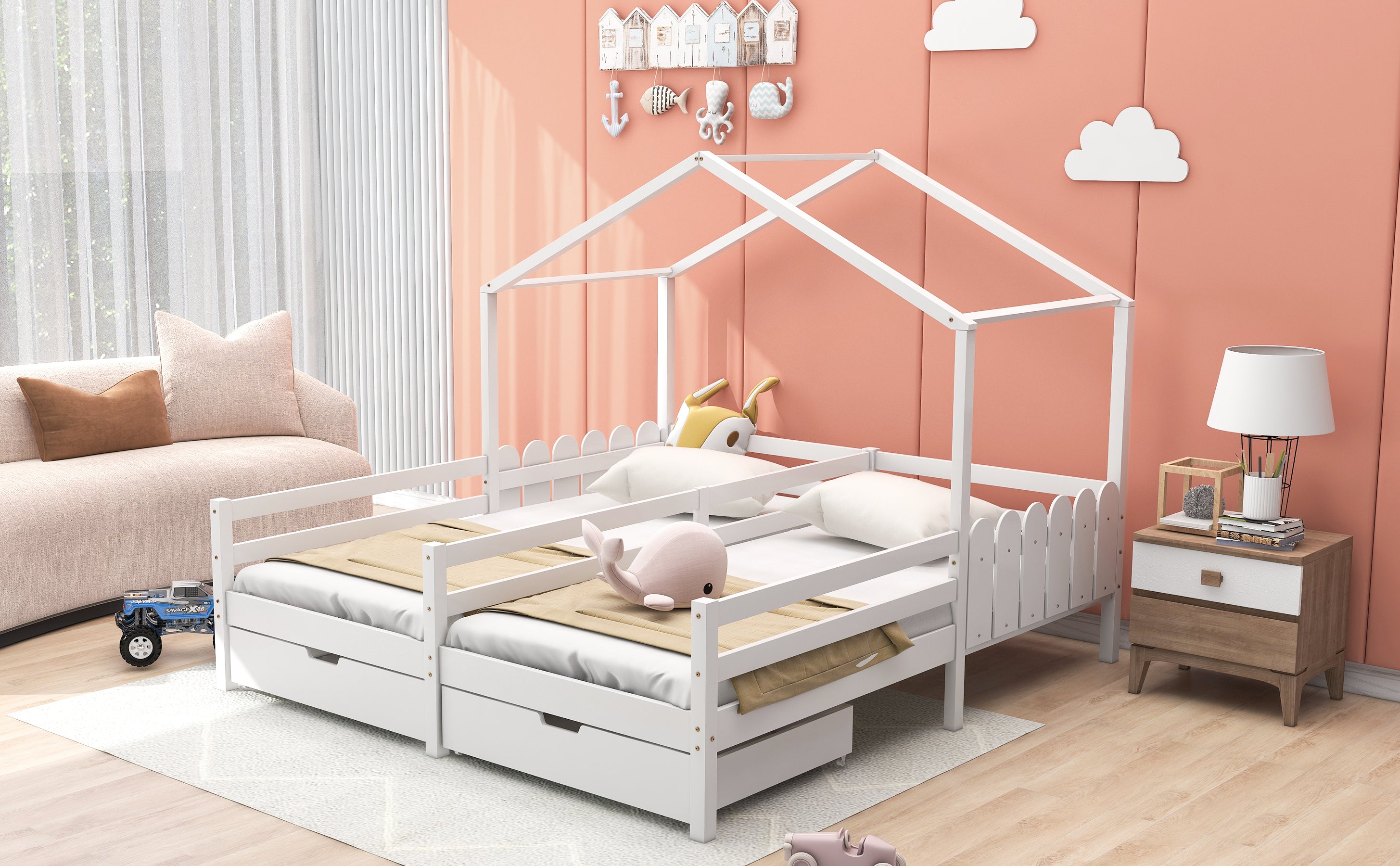 House Bed, Double Kids Cot with 2 MDF Drawers, Pine Slatted Frame, White