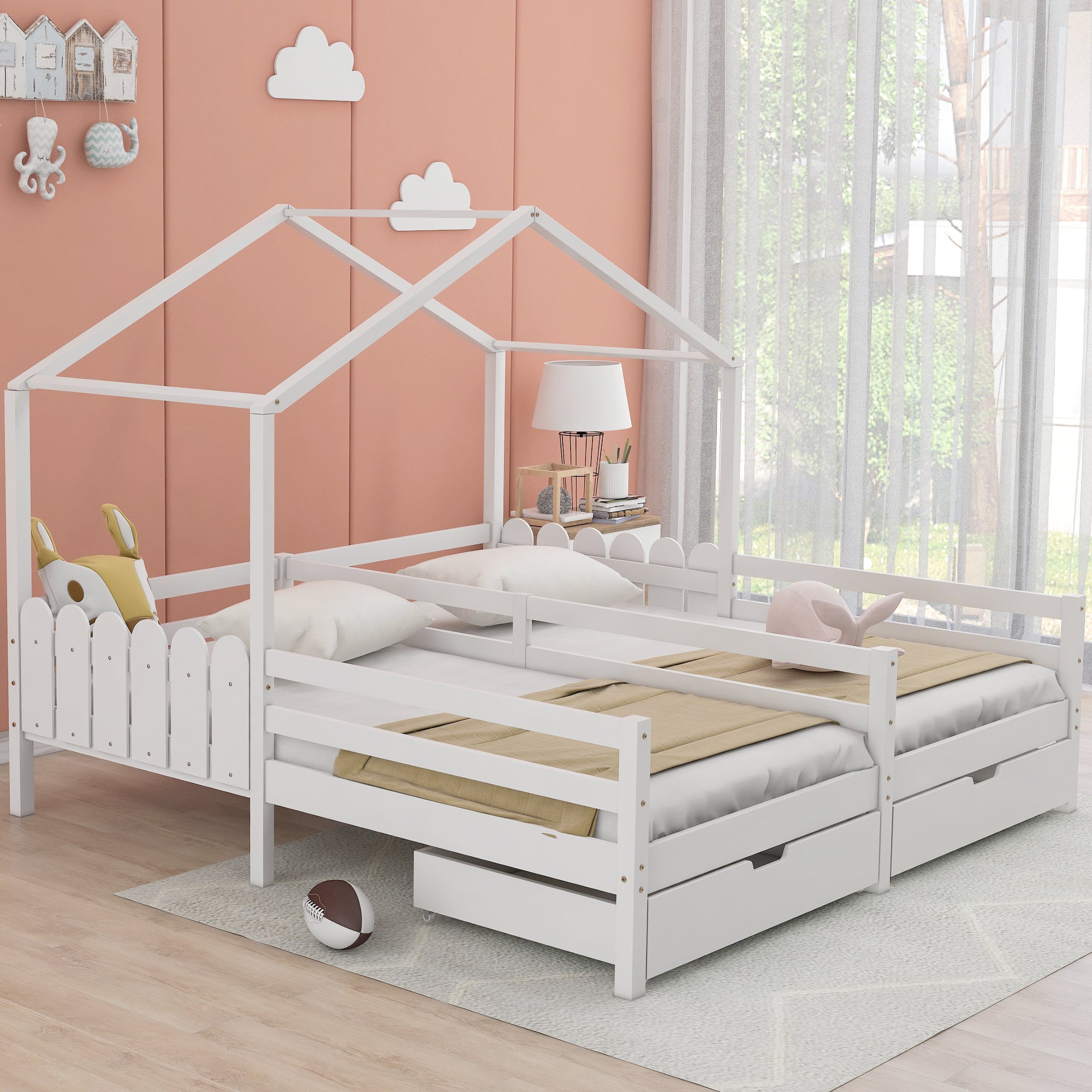 House Bed, Double Kids Cot with 2 MDF Drawers, Pine Slatted Frame, White
