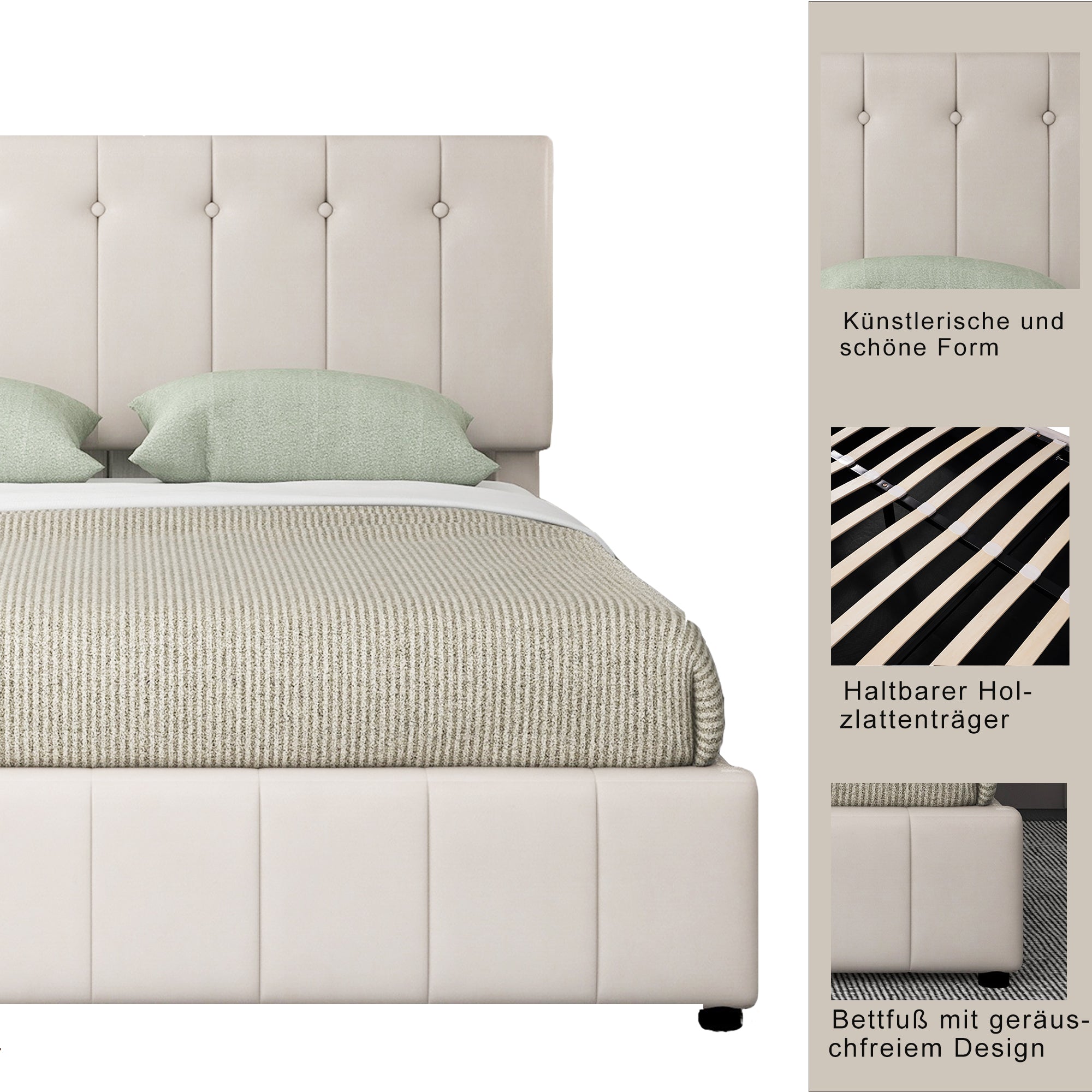 Upholstered Bed 140x200, Hydraulic Storage, Adjustable Headboard, Velvet Cream White