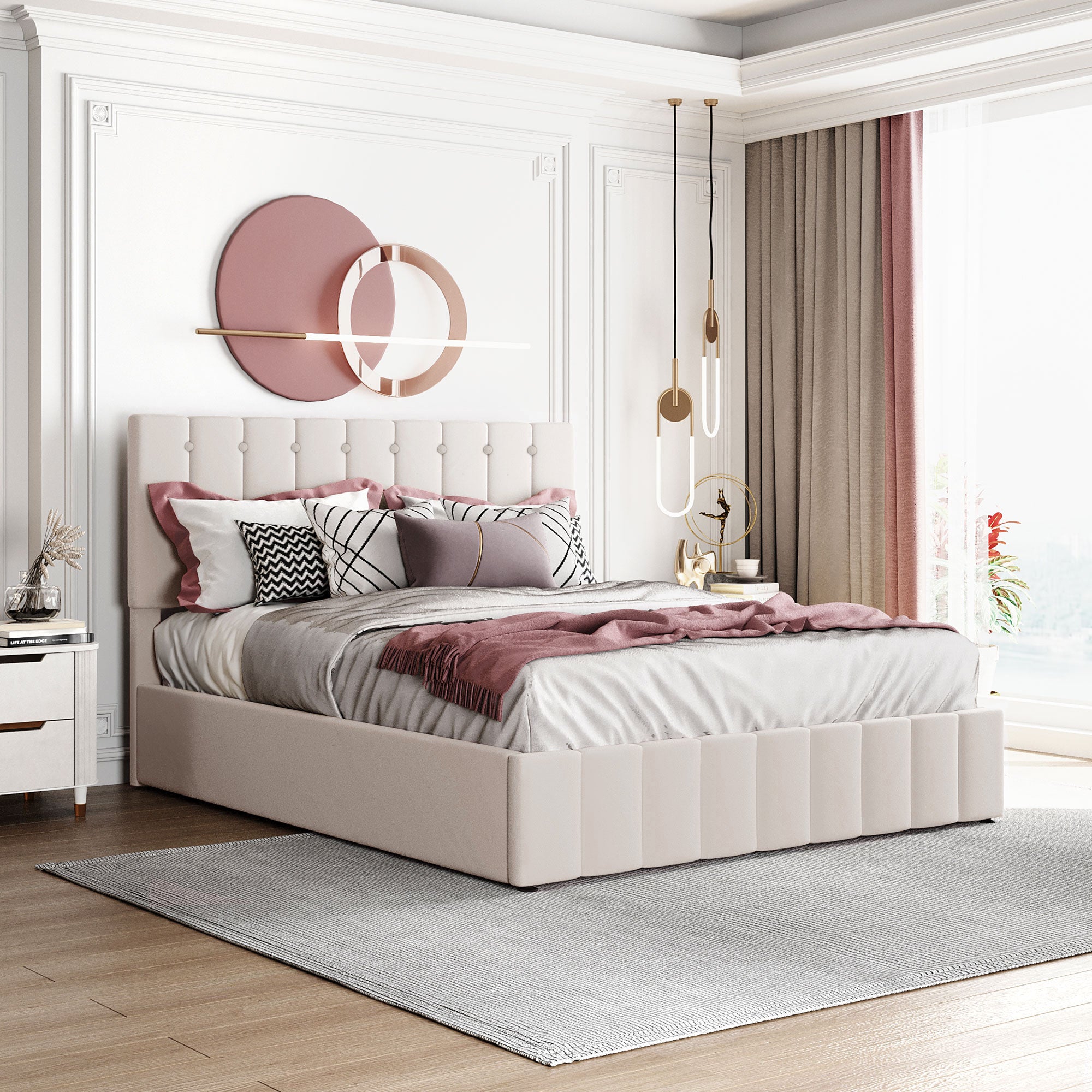 Upholstered Bed 140x200, Hydraulic Storage, Adjustable Headboard, Velvet Cream White