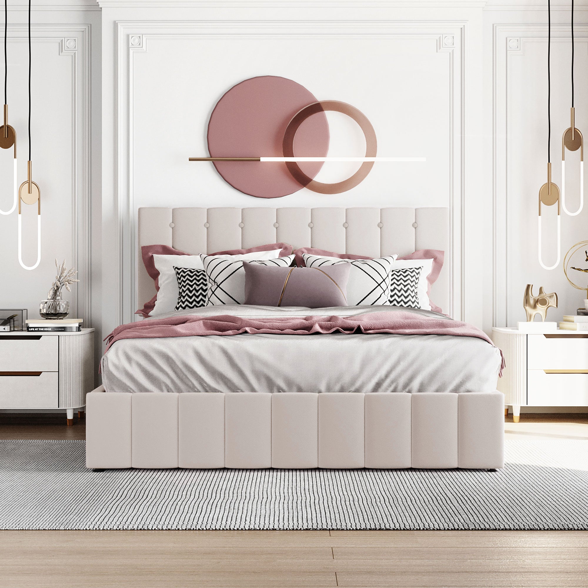 Upholstered Bed 140x200, Hydraulic Storage, Adjustable Headboard, Velvet Cream White