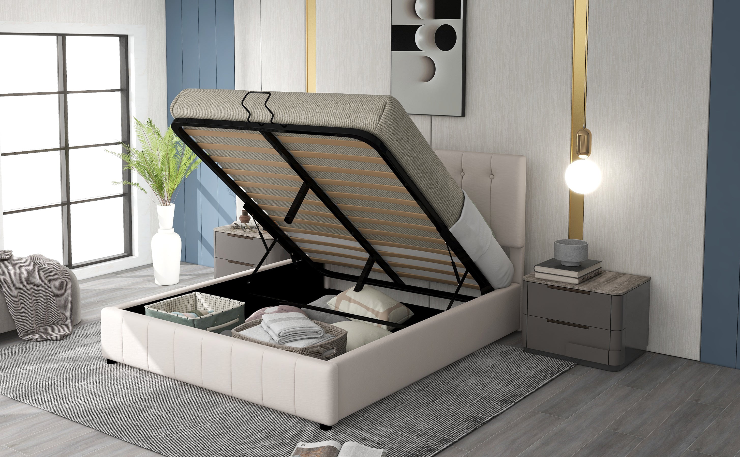 Upholstered Bed 140x200, Hydraulic Storage, Adjustable Headboard, Velvet Cream White