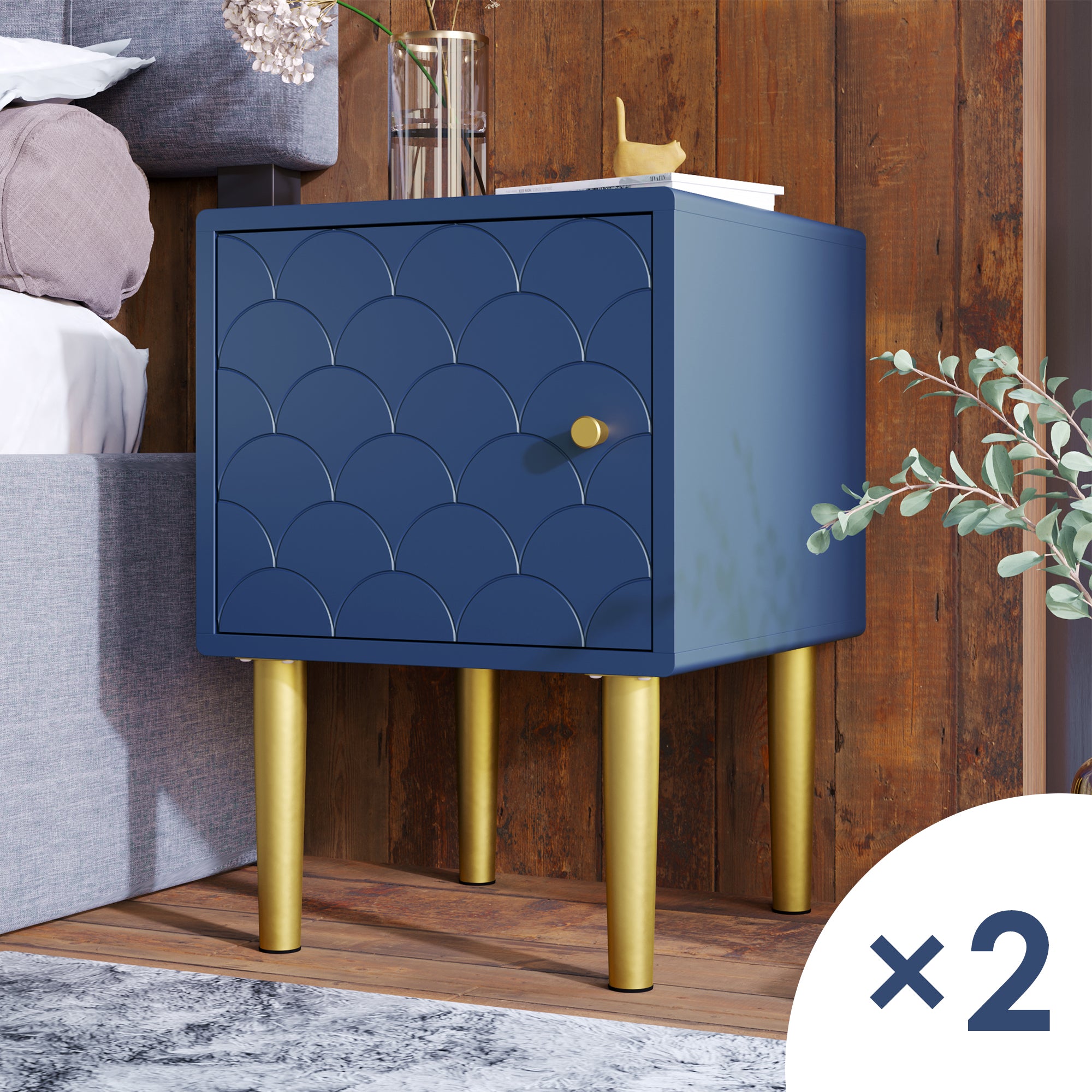set of 2 bedside tables, nightstand side table, sofa table, h50/w35/d35 cm, navy blue