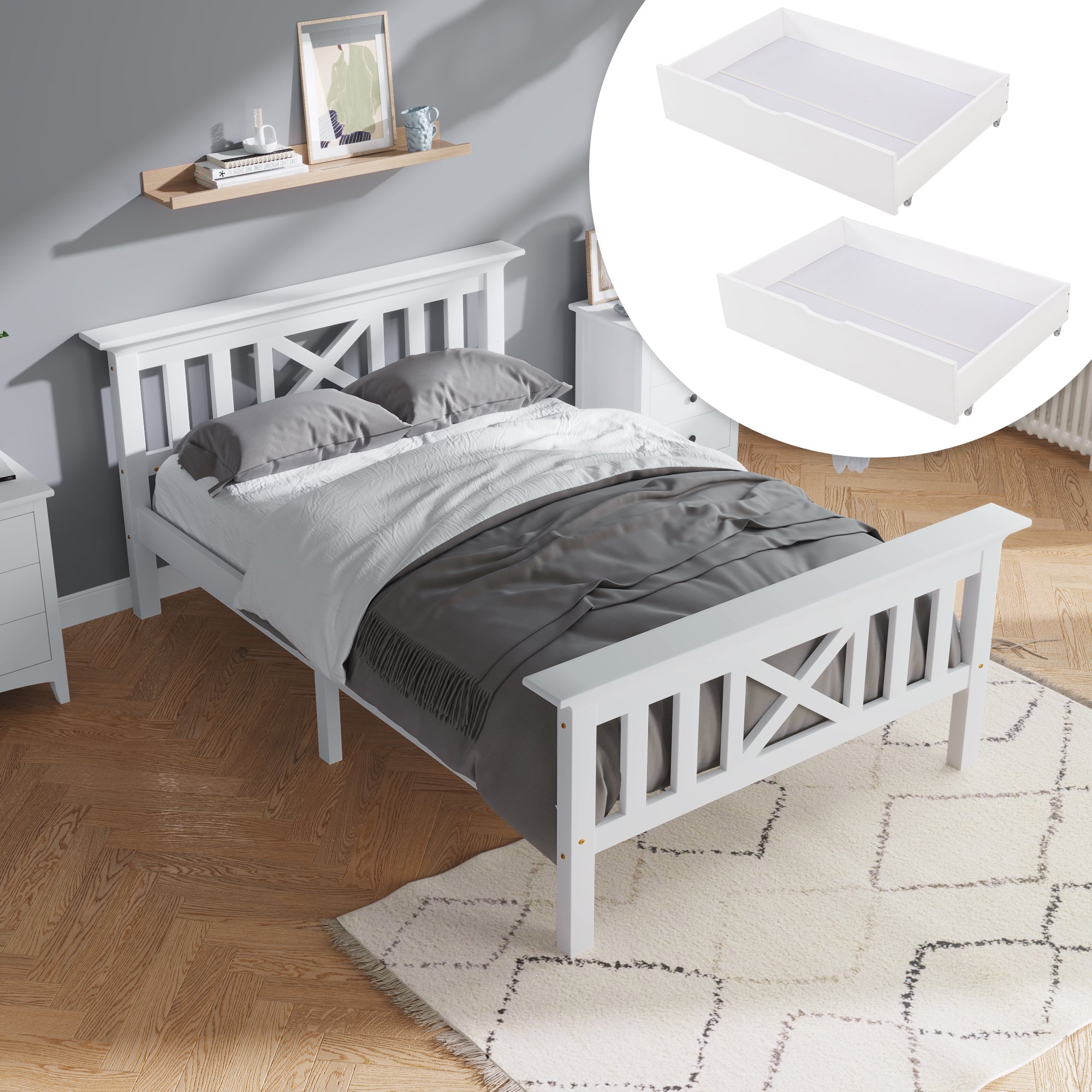 Wooden Bed Frame with Drawers Single Storage Bed Solid Pine Wood,3FT Guest Bed For Adults, Kids, Teenagers (White 90x190cm)