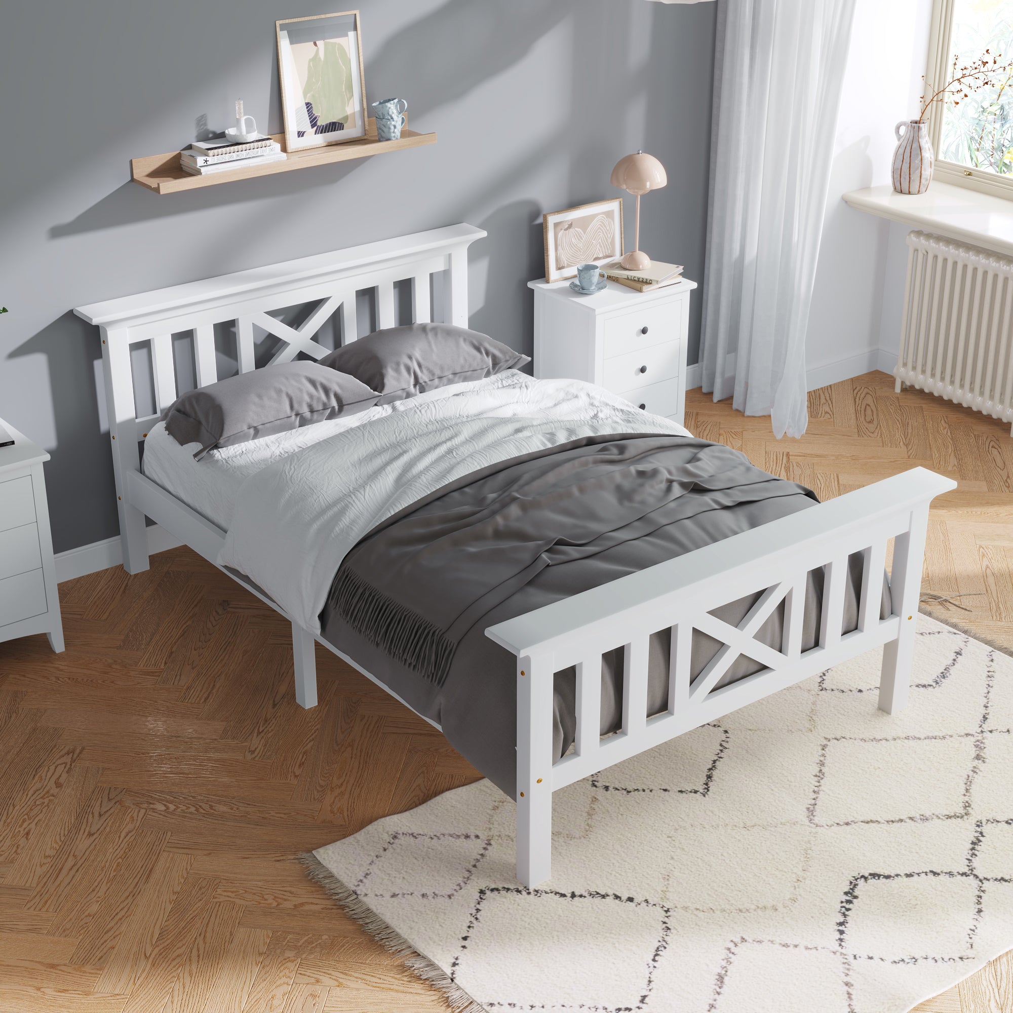 Wooden Bed Single, Bed Frame with Slatted Frame and Headboard, 90 x 200 cm, Solid Pine White