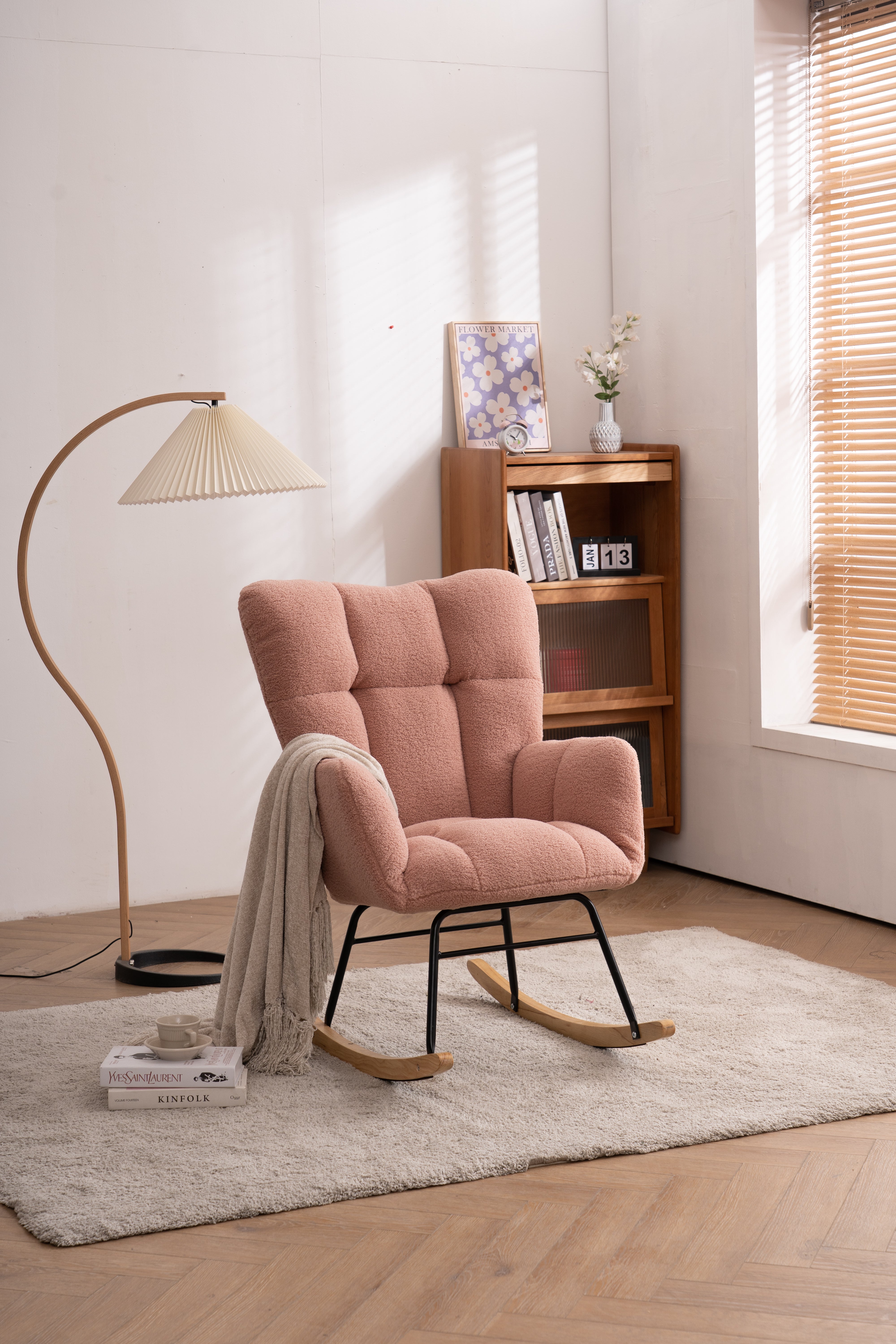 Mid Century Modern Rocking Chair, Teddy Fabric Tufted Upholstered, Padded Seat, Pink