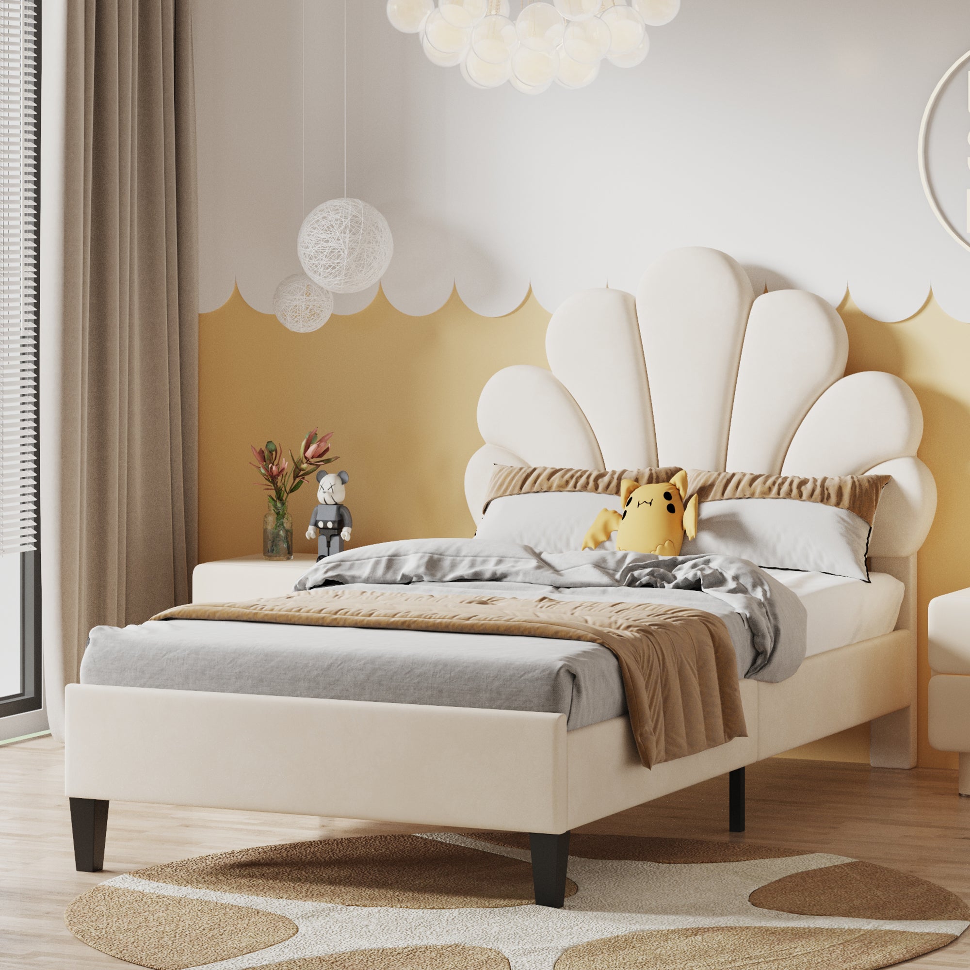 Upholstered Children's Bed with Flower Headboard and Slatted Frame, Velvet Fabric, Beige