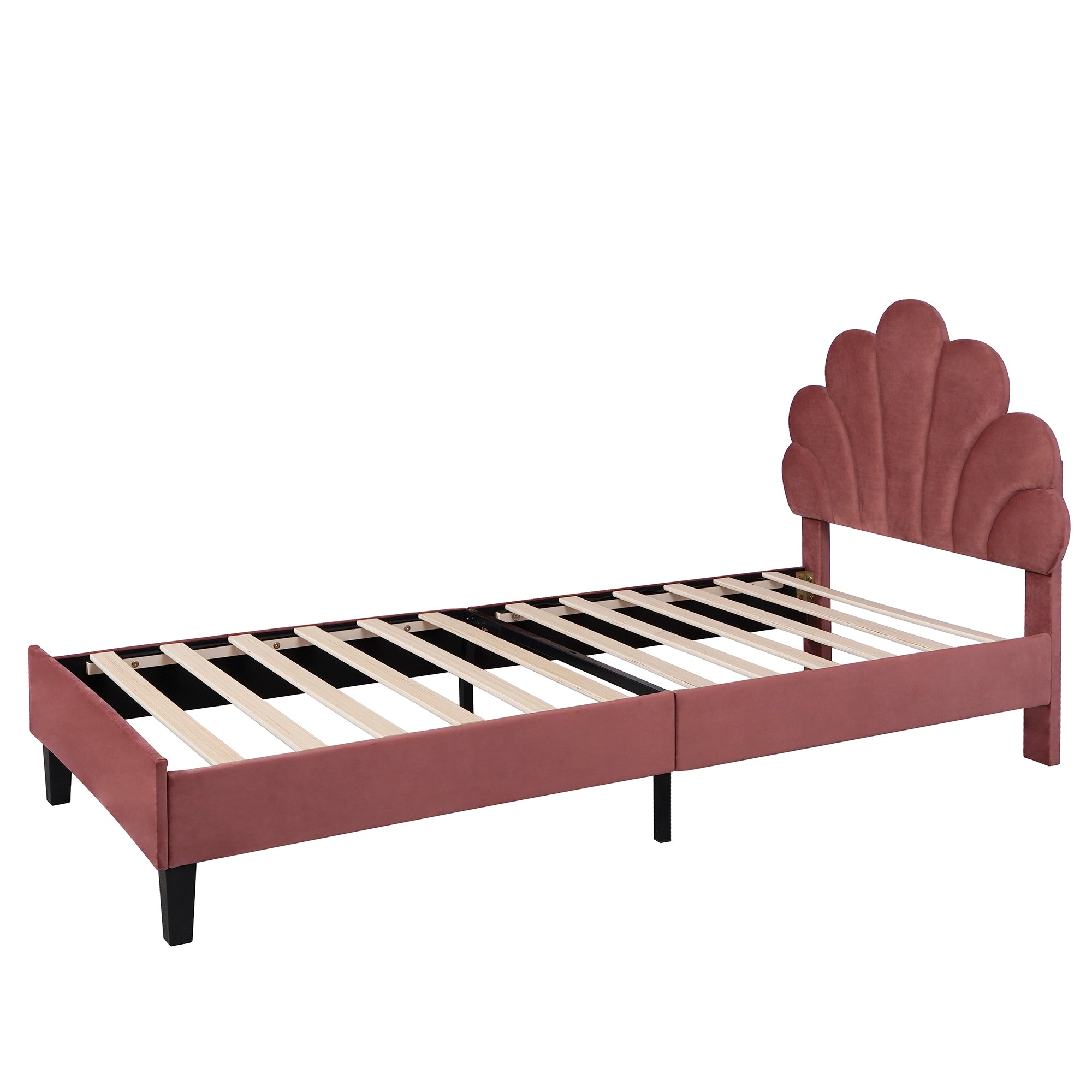 Upholstered Children's Bed 90 x 200 cm, Flower Headboard, Slatted Frame, Velvet Fabric, Bean Red