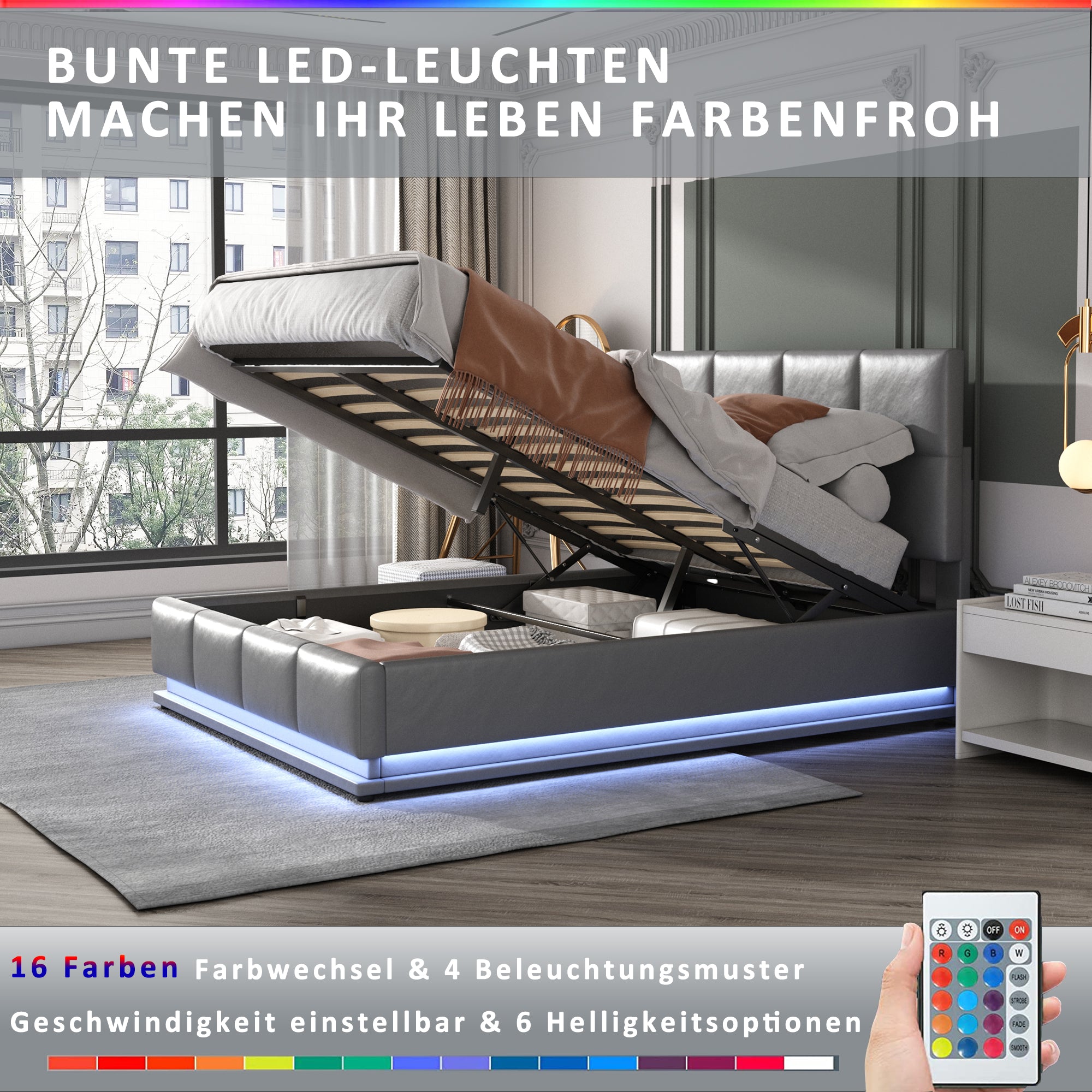 Upholstered Bed, 140x200cm LED Lighting & Liftable Storage, Faux Leather Gray