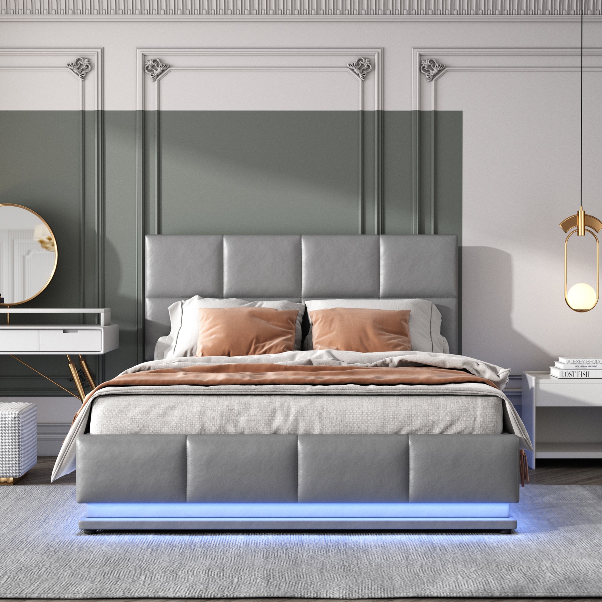 Upholstered Bed, 140x200cm LED Lighting & Liftable Storage, Faux Leather Gray