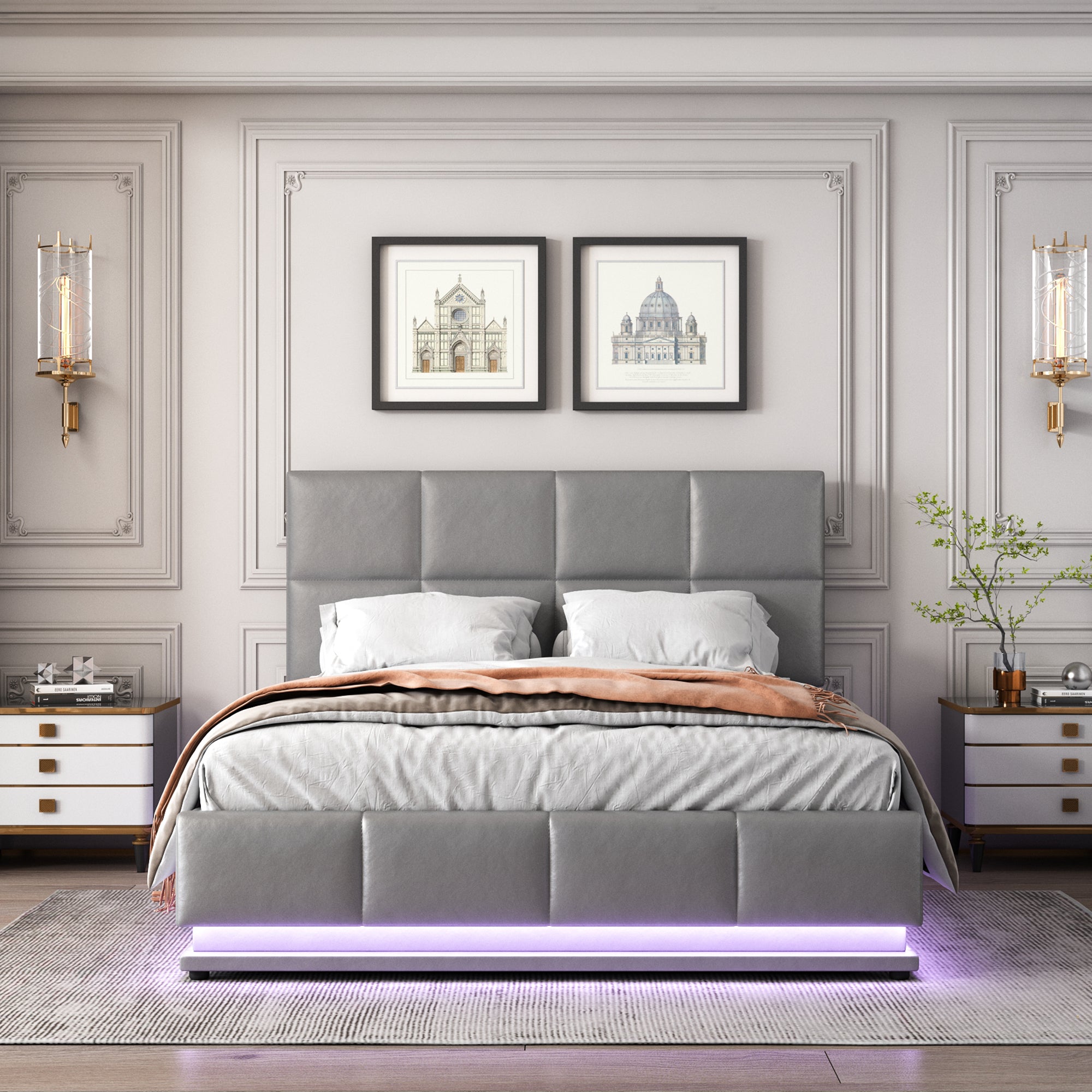 Upholstered Bed, 140x200cm LED Lighting & Liftable Storage, Faux Leather Gray
