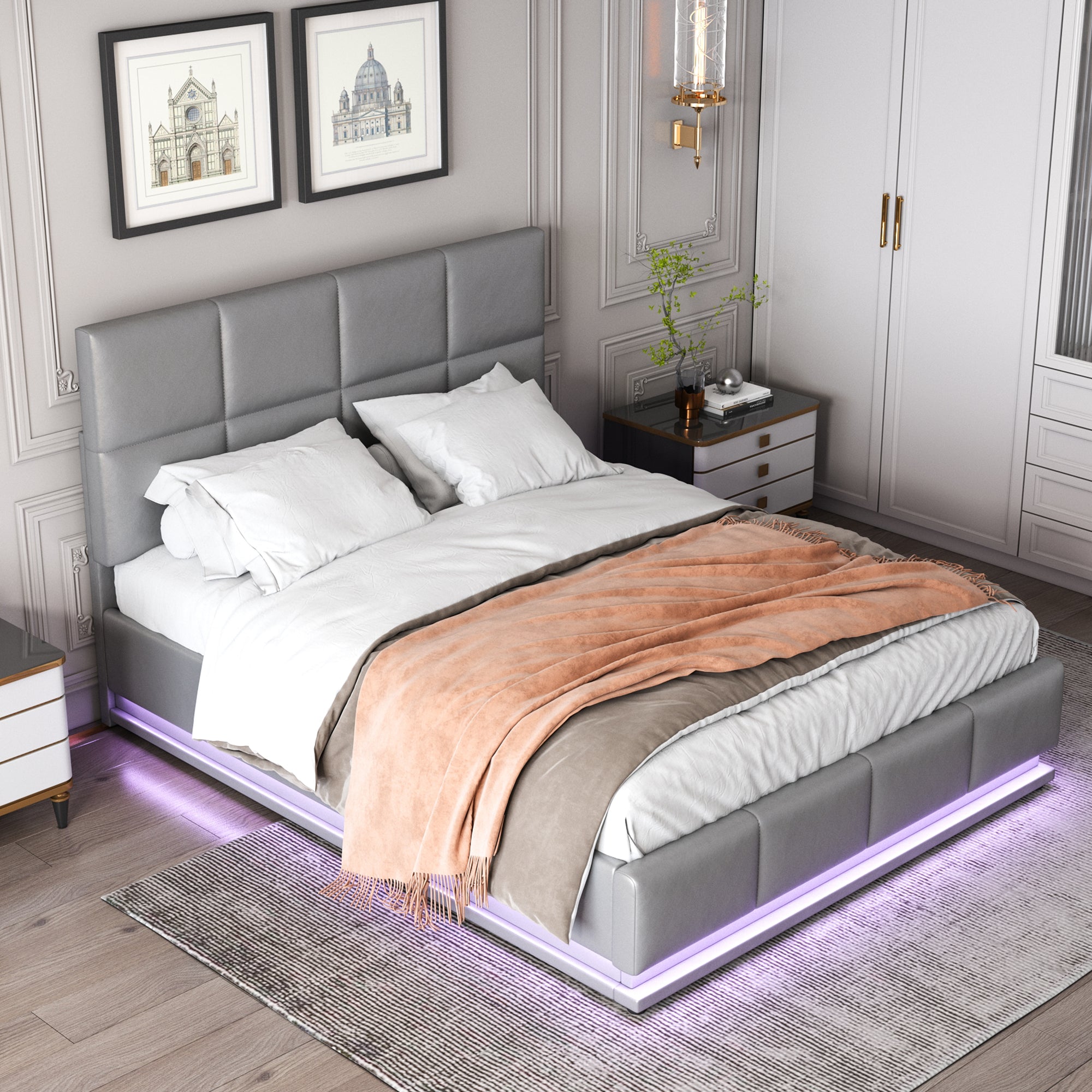 Upholstered Bed, 140x200cm LED Lighting & Liftable Storage, Faux Leather Gray