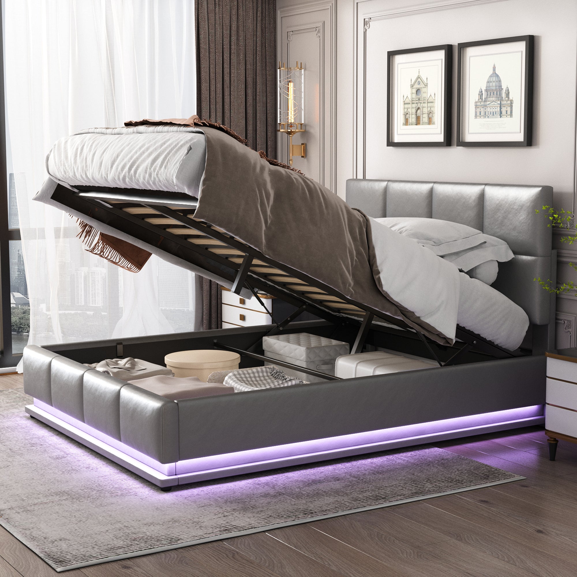 Upholstered Bed, 140x200cm LED Lighting & Liftable Storage, Faux Leather Gray