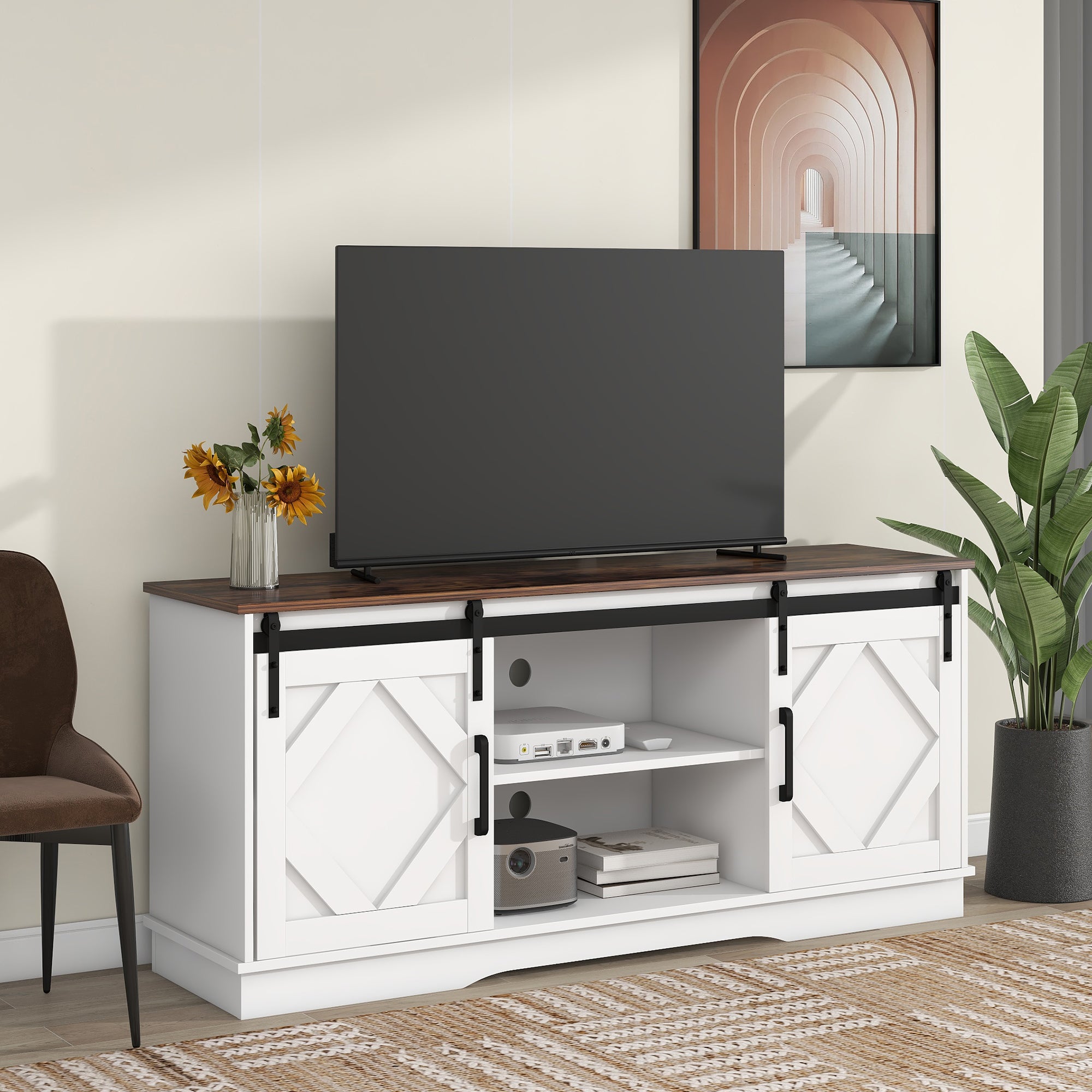 Large TV Cabinet, TV Stand Sideboard, Sliding Doors Adjustable Shelves, White Brown Particle Board