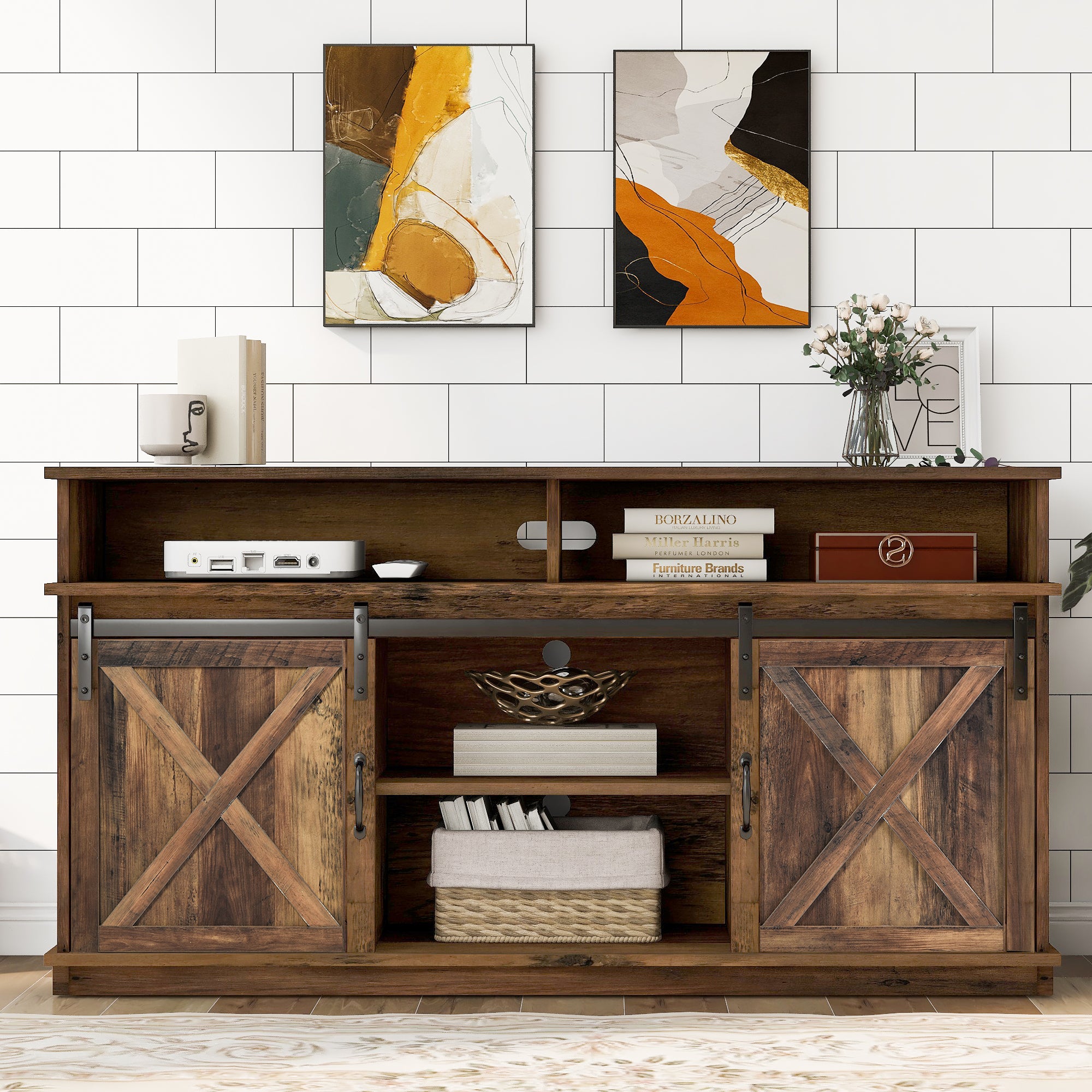 TV Cabinet, Sideboard Entertainment Center, Sliding Doors, Adjustable Shelves, Farmhouse Design Wood