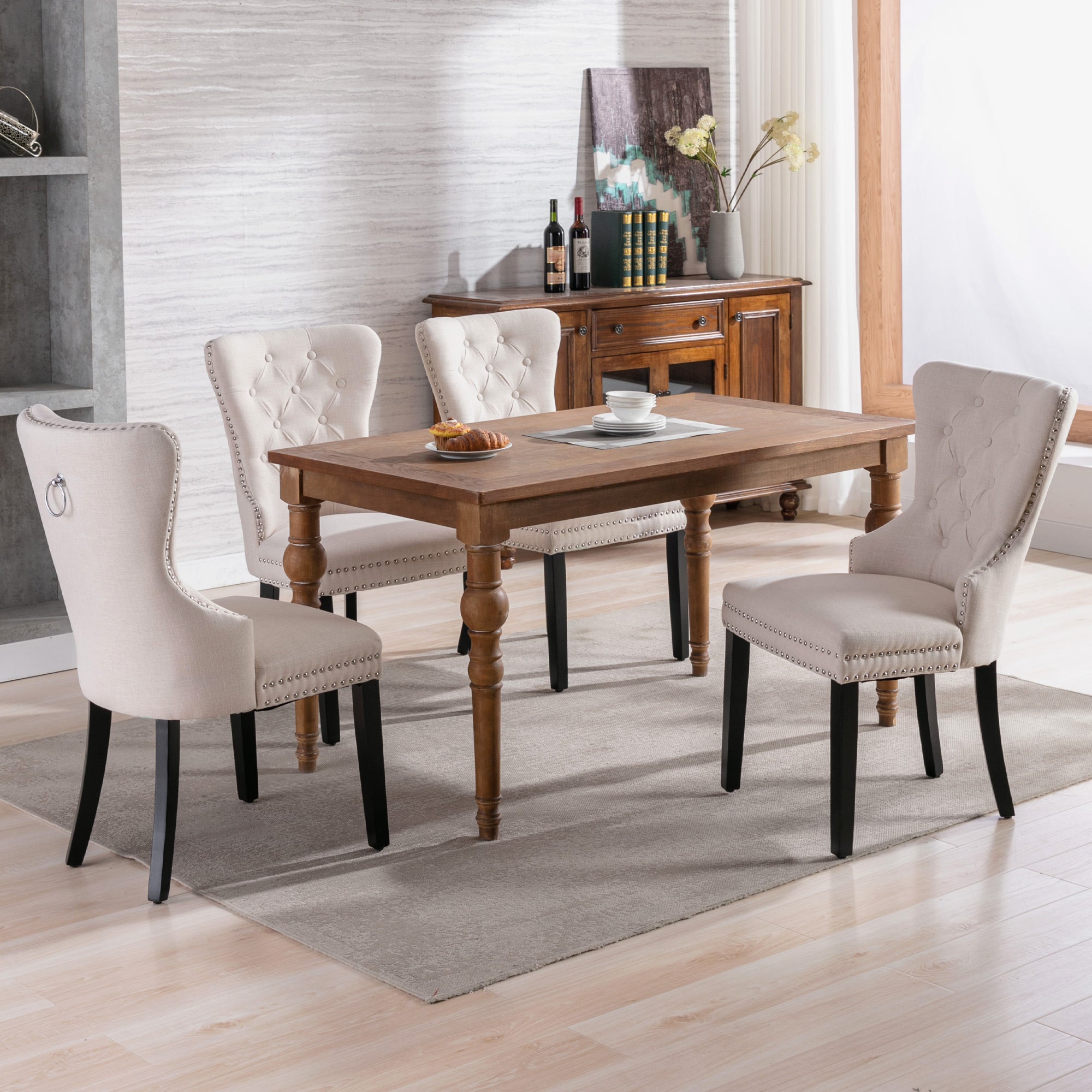 Linen Dining Chair with Oak Legs, Chrome Knocker and Nailhead Trim, Beige (6 Pieces)