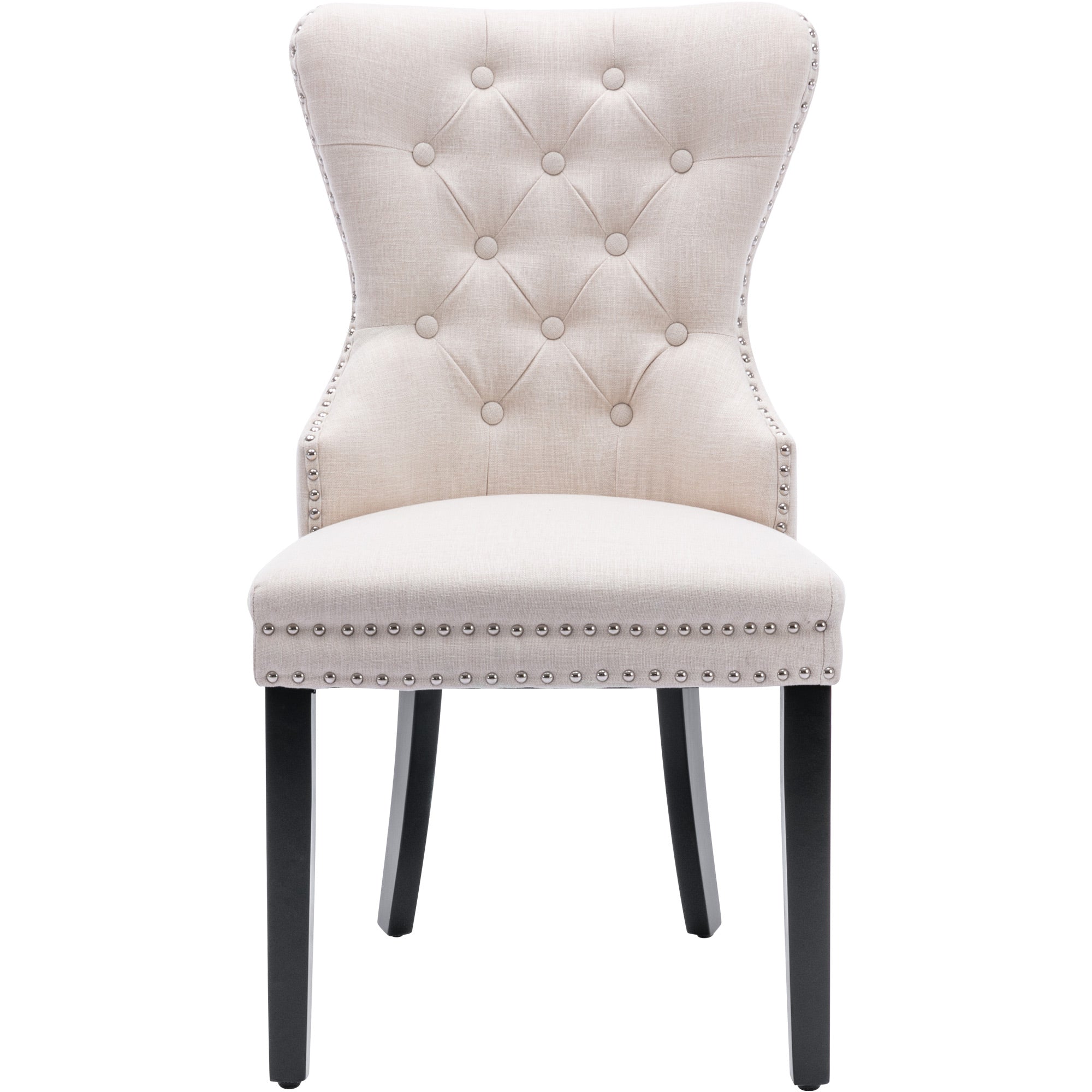 Linen Dining Chair with Oak Legs, Chrome Knocker and Nailhead Trim, Beige (6 Pieces)