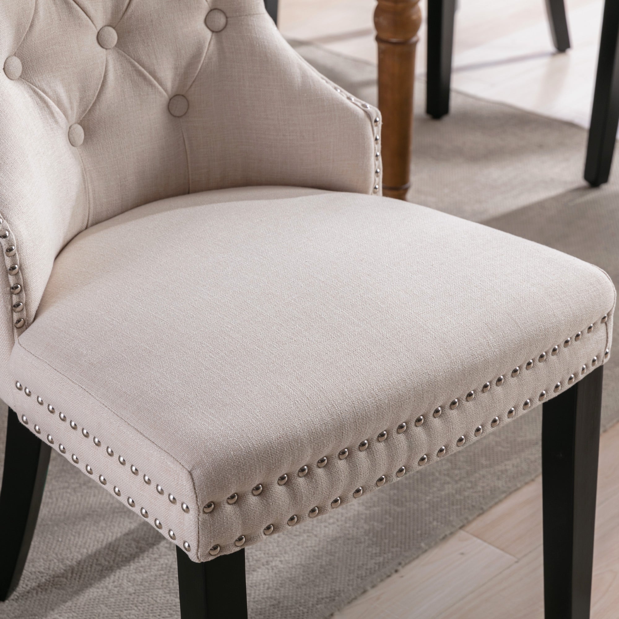 Linen Dining Chair with Oak Legs, Chrome Knocker and Nailhead Trim, Beige (6 Pieces)