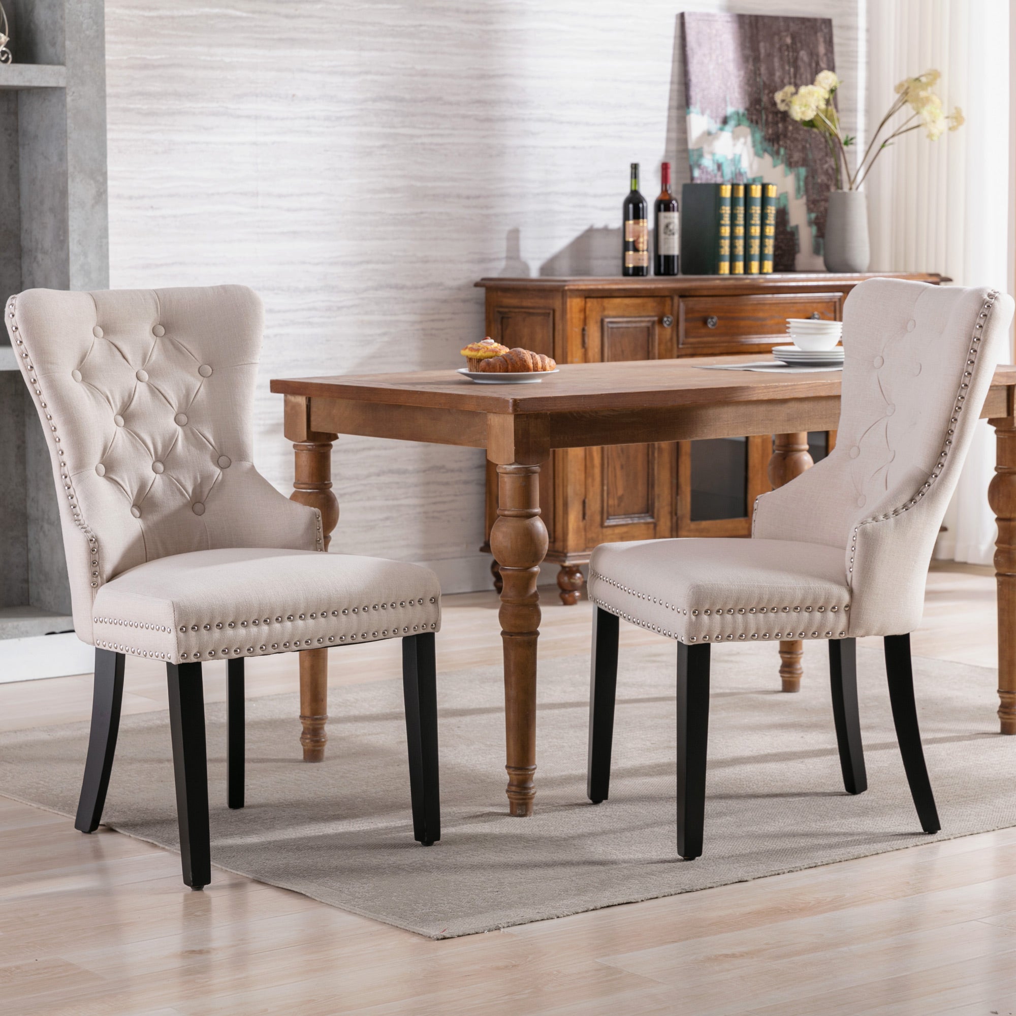 Linen Dining Chair with Oak Legs, Chrome Knocker and Nailhead Trim, Beige (6 Pieces)