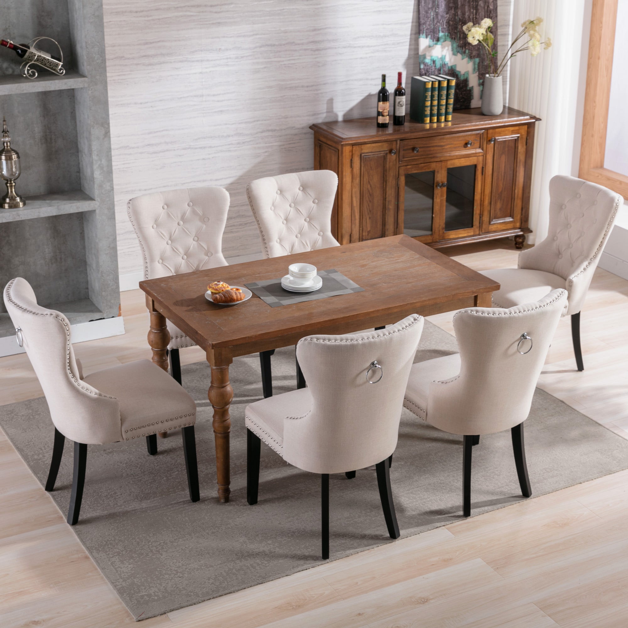 Linen Dining Chair with Oak Legs, Chrome Knocker and Nailhead Trim, Beige (6 Pieces)