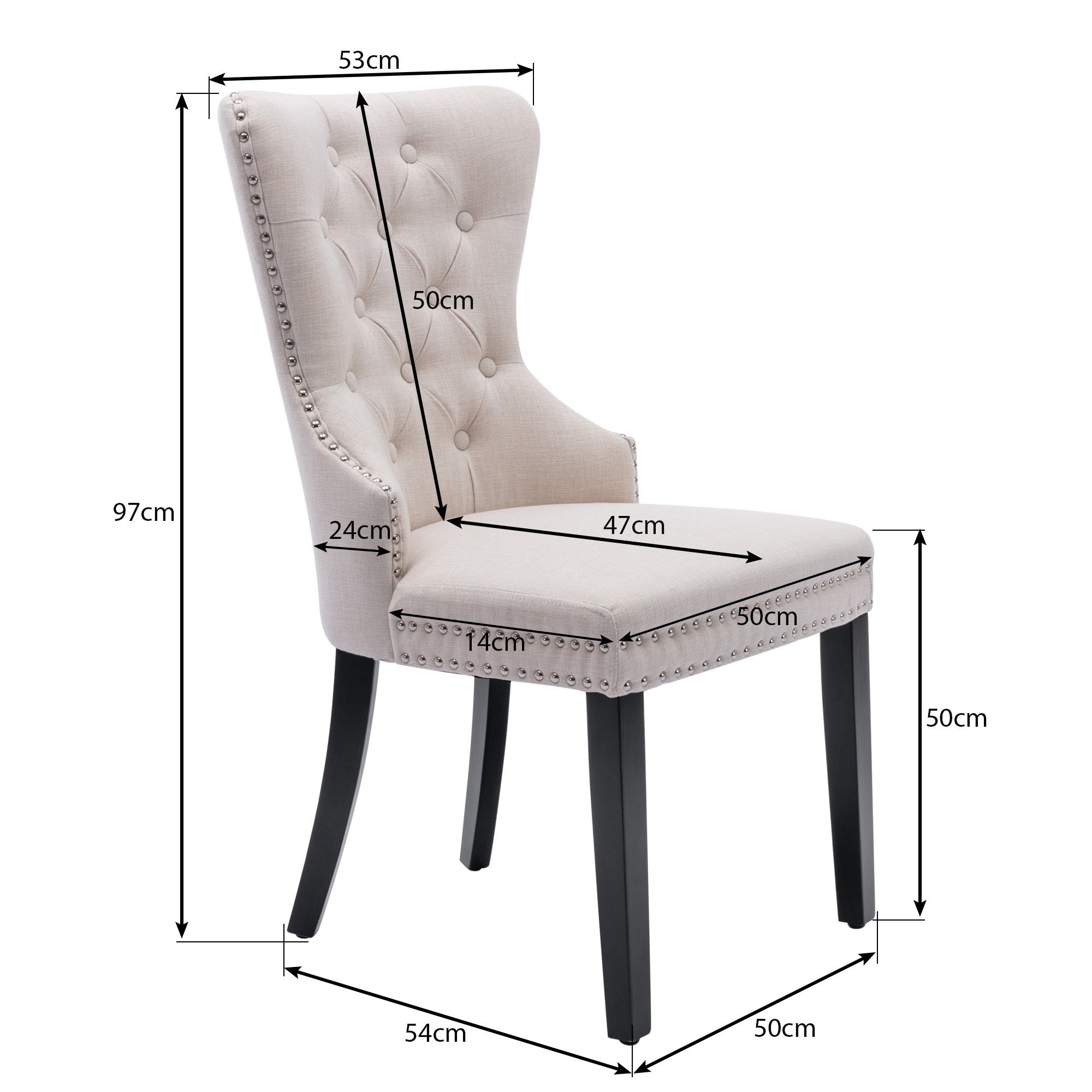 Linen Dining Chair with Oak Legs, Chrome Knocker and Nailhead Trim, Beige (6 Pieces)