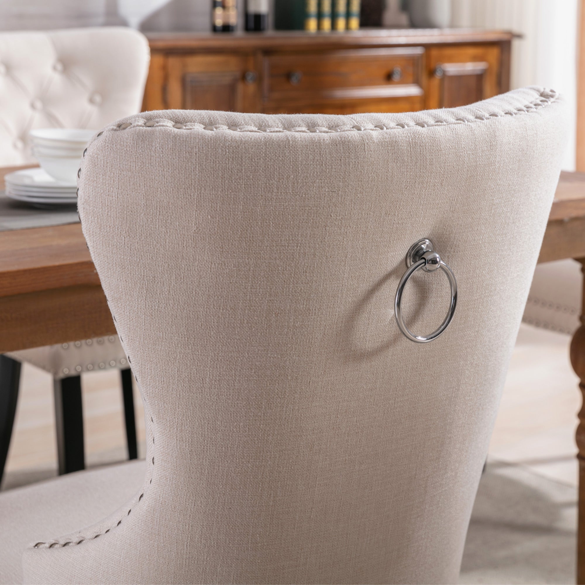 Linen Dining Chair with Oak Legs, Chrome Knocker and Nailhead Trim, Beige (6 Pieces)