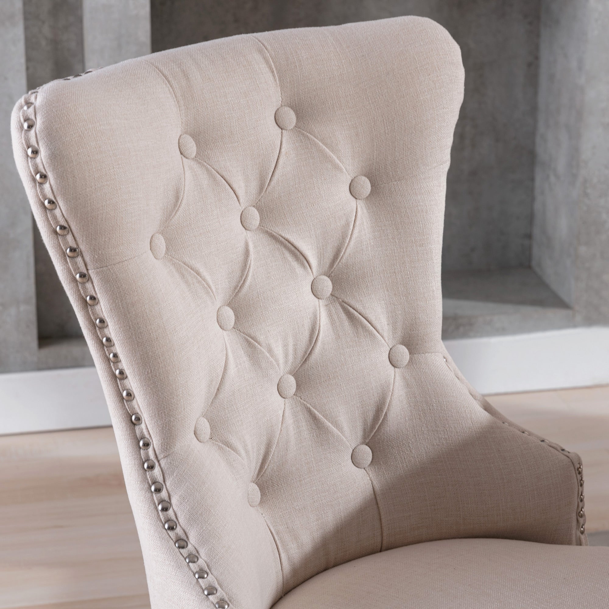 Linen Dining Chair with Oak Legs, Chrome Knocker and Nailhead Trim, Beige (6 Pieces)