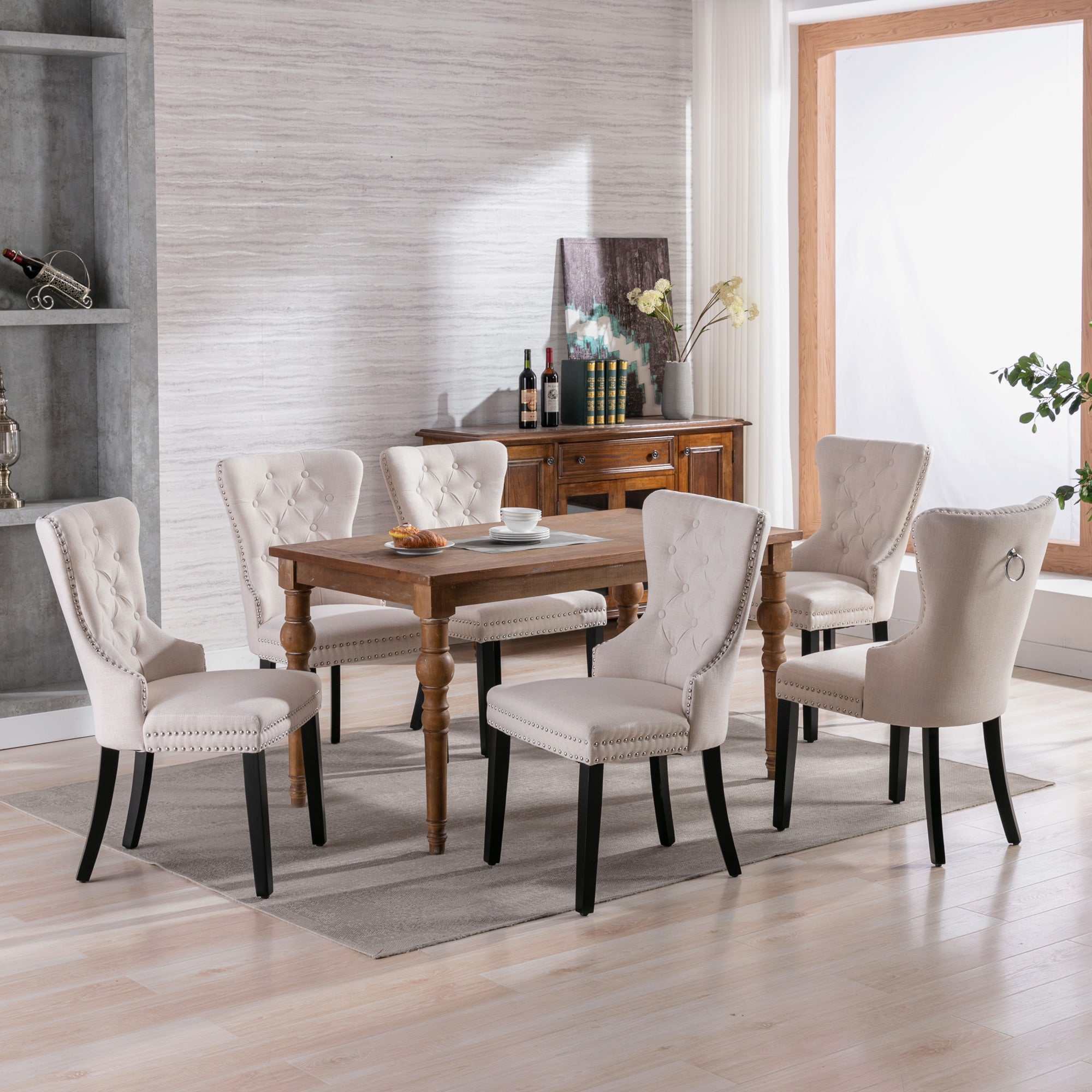 Linen Dining Chair with Oak Legs, Chrome Knocker and Nailhead Trim, Beige (6 Pieces)