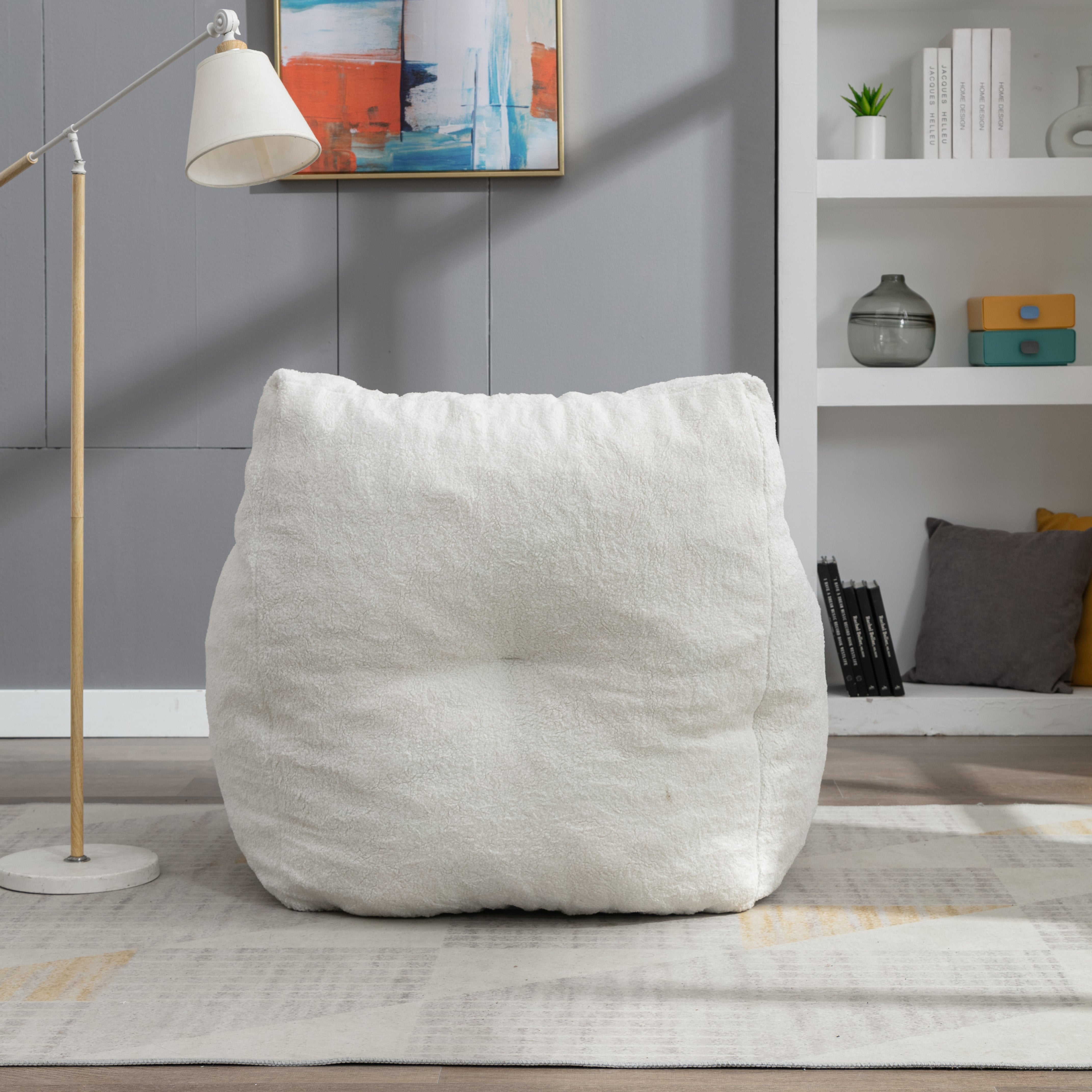 Soft Tufed Foam Bean Bag Chair with Teddy Fabric, Ivory White