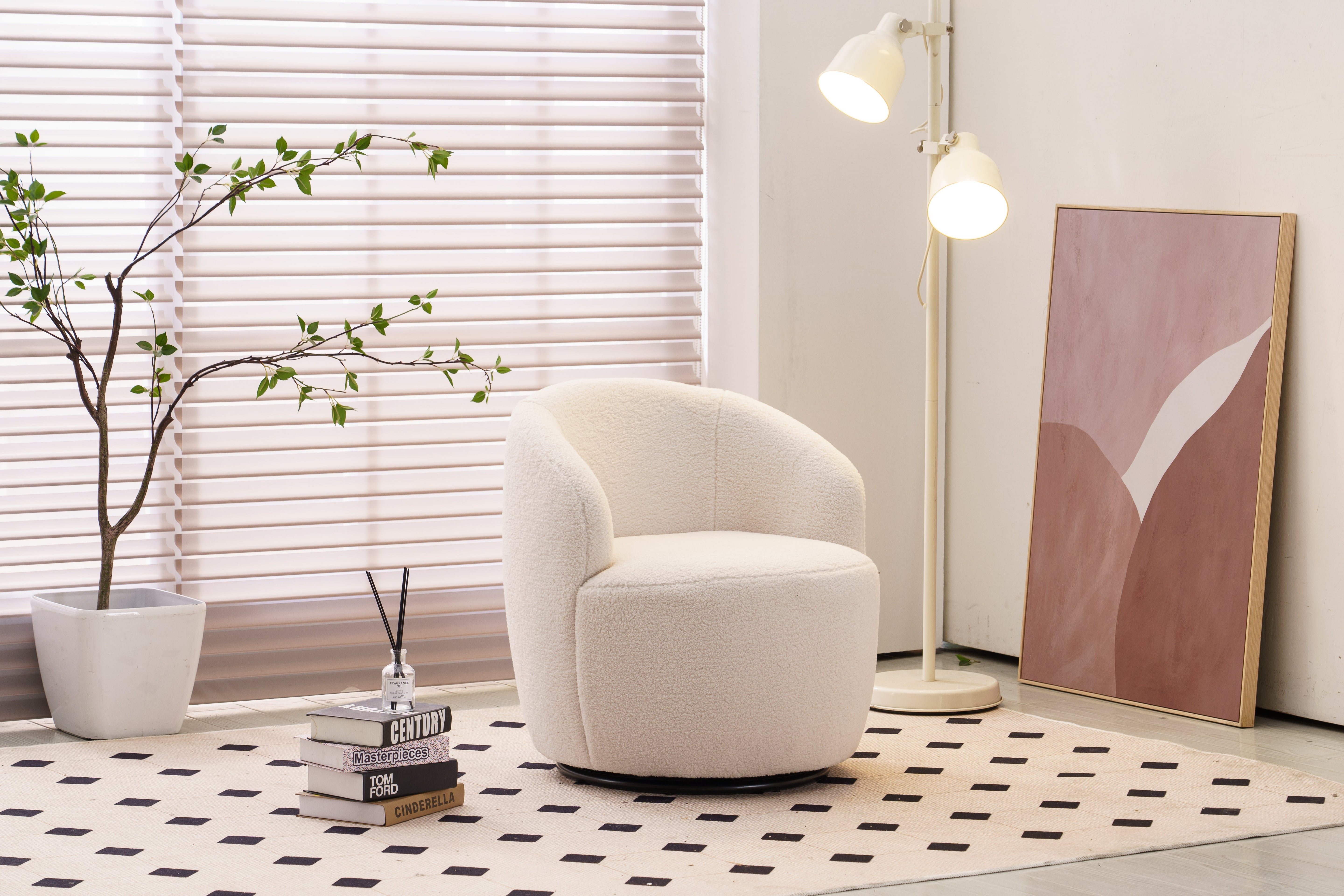 Teddy Fabric Swivel Accent Armchair Barrel Chair with Black Powder Coating Metal Ring, Ivory White