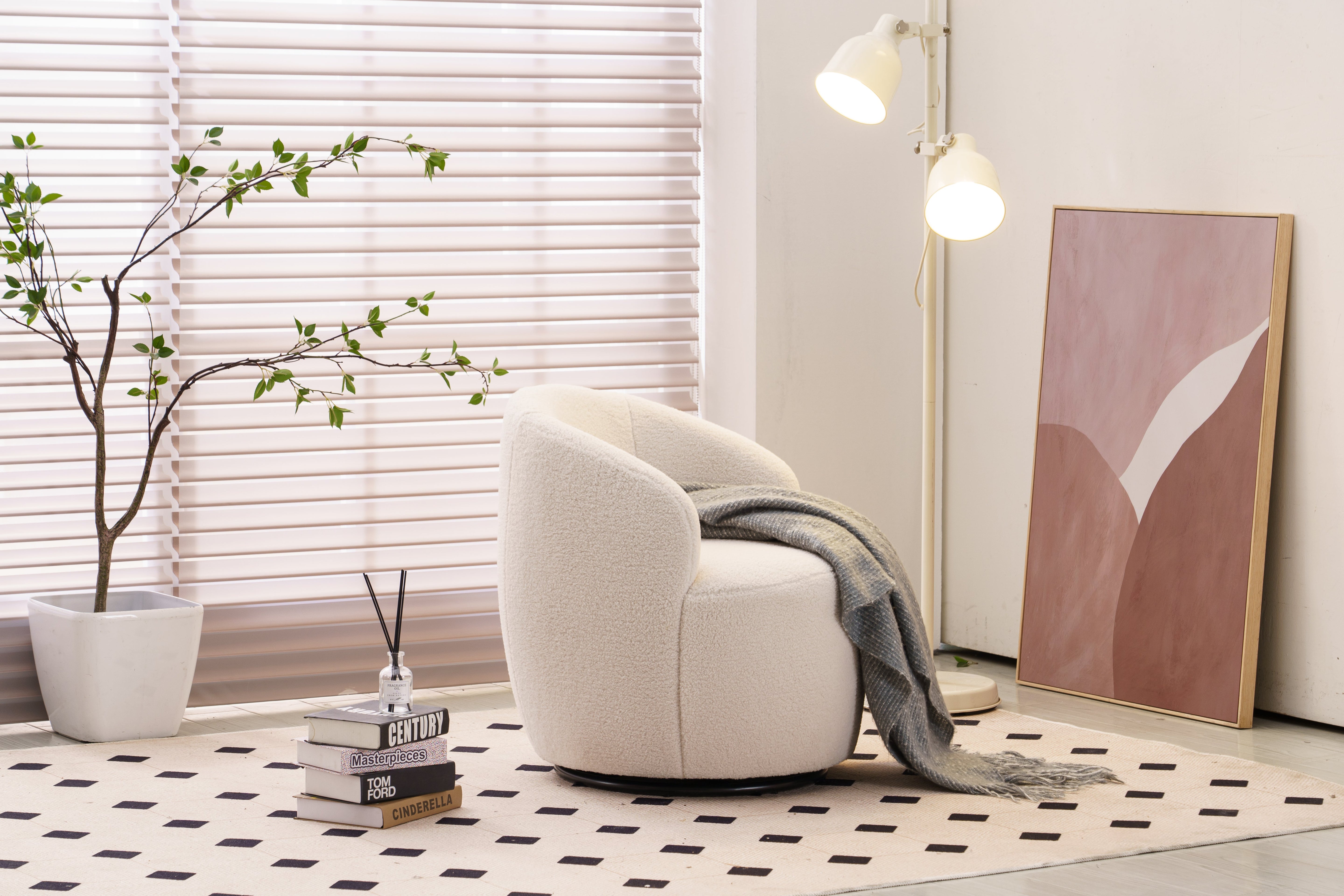 Teddy Fabric Swivel Accent Armchair Barrel Chair with Black Powder Coating Metal Ring, Ivory White