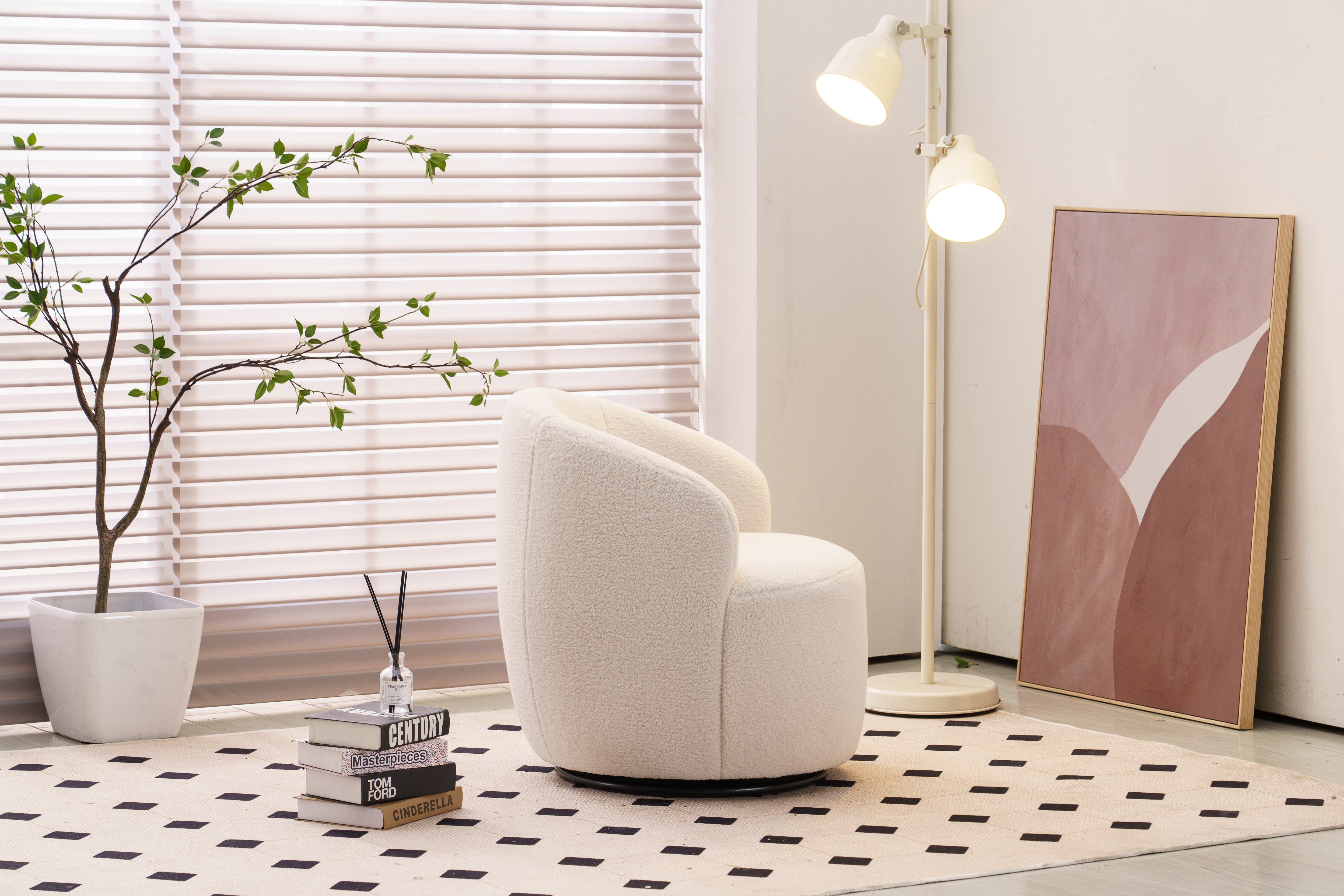 Teddy Fabric Swivel Accent Armchair Barrel Chair with Black Powder Coating Metal Ring, Ivory White