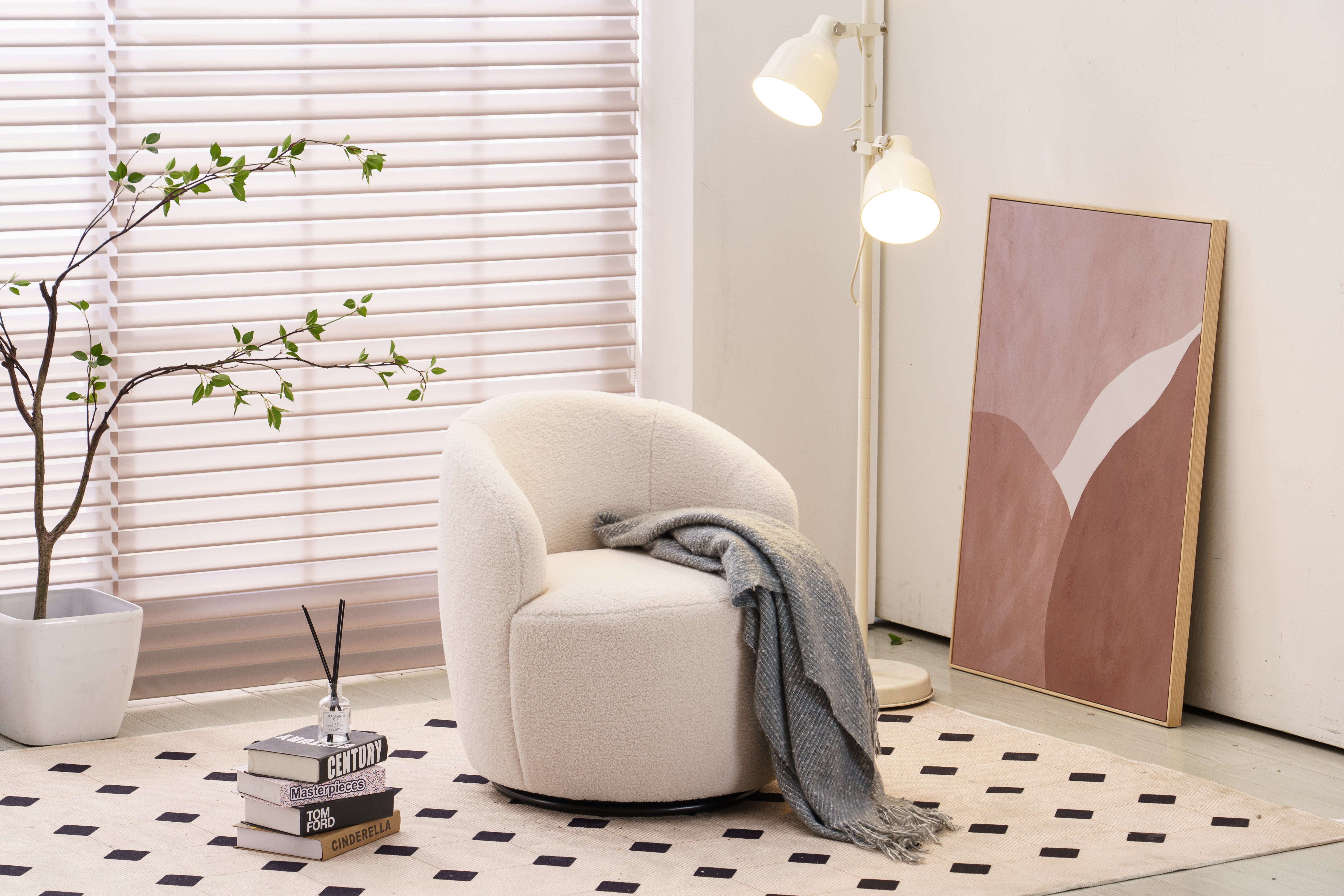 Teddy Fabric Swivel Accent Armchair Barrel Chair with Black Powder Coating Metal Ring, Ivory White