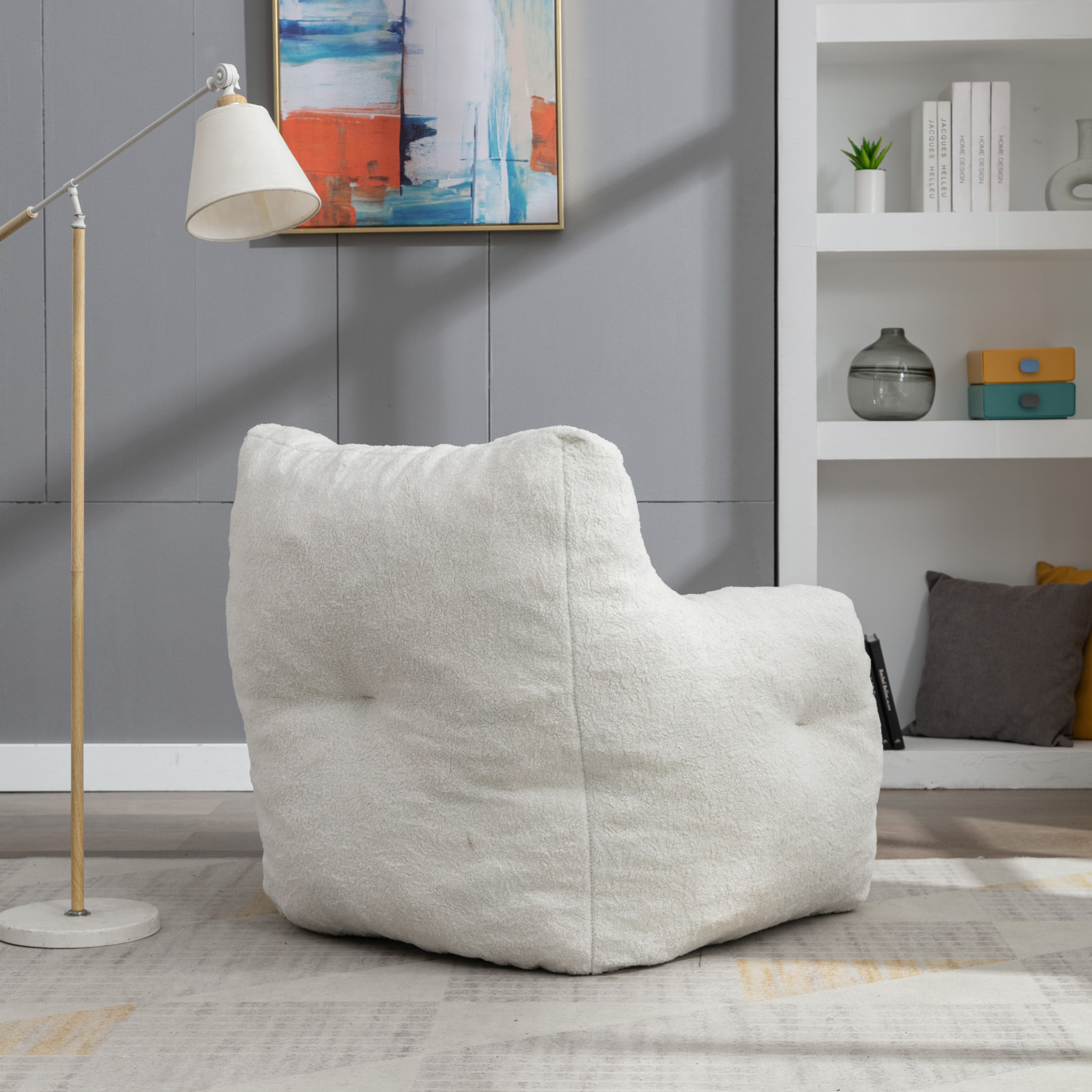 Soft Tufed Foam Bean Bag Chair with Teddy Fabric, Ivory White