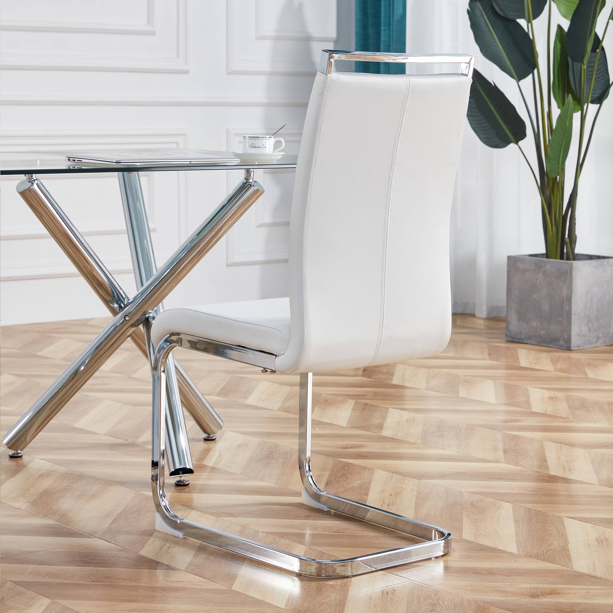 Cantilever Chair Set of 4 Chrome-Plated 120kg Faux Leather White