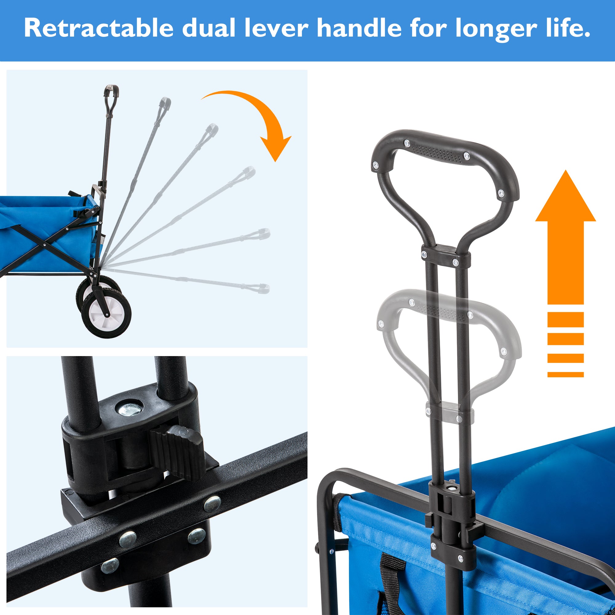 Collapsible Station Wagon Outdoor All Terrain Trolley, Foldable Garden Cart with Mesh Cup Holder and Adjustable Handles, Blue