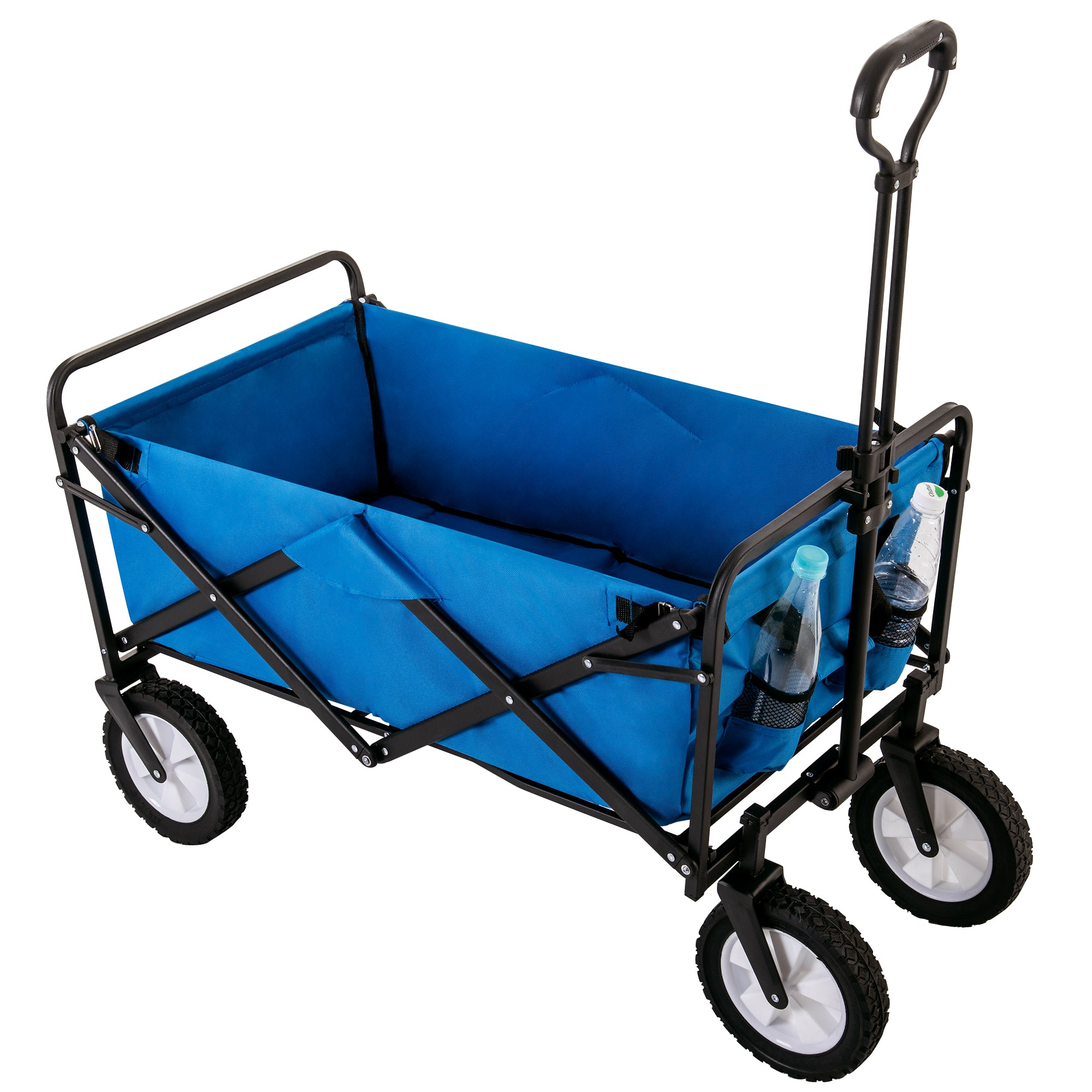Collapsible Station Wagon Outdoor All Terrain Trolley, Foldable Garden Cart with Mesh Cup Holder and Adjustable Handles, Blue