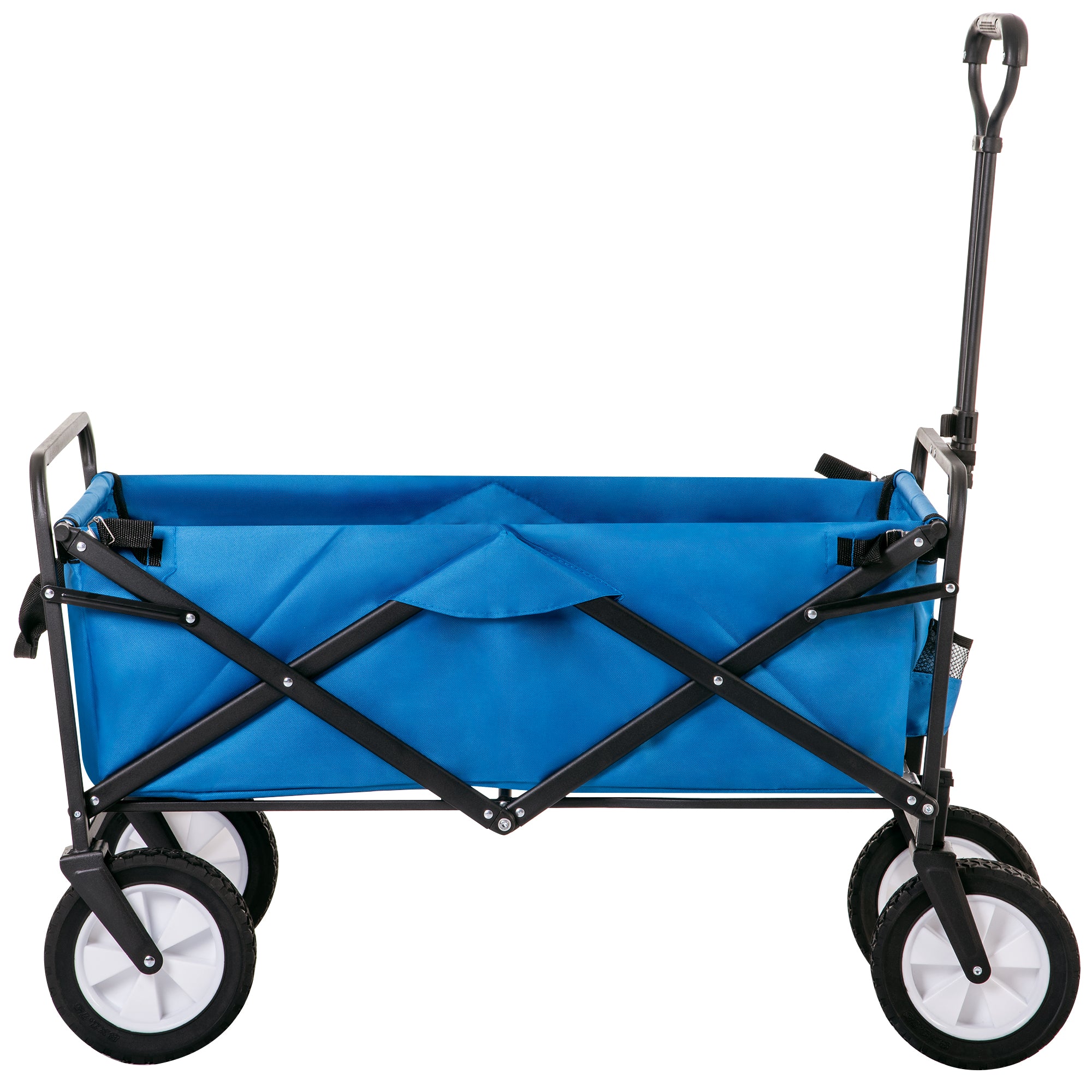 Collapsible Station Wagon Outdoor All Terrain Trolley, Foldable Garden Cart with Mesh Cup Holder and Adjustable Handles, Blue