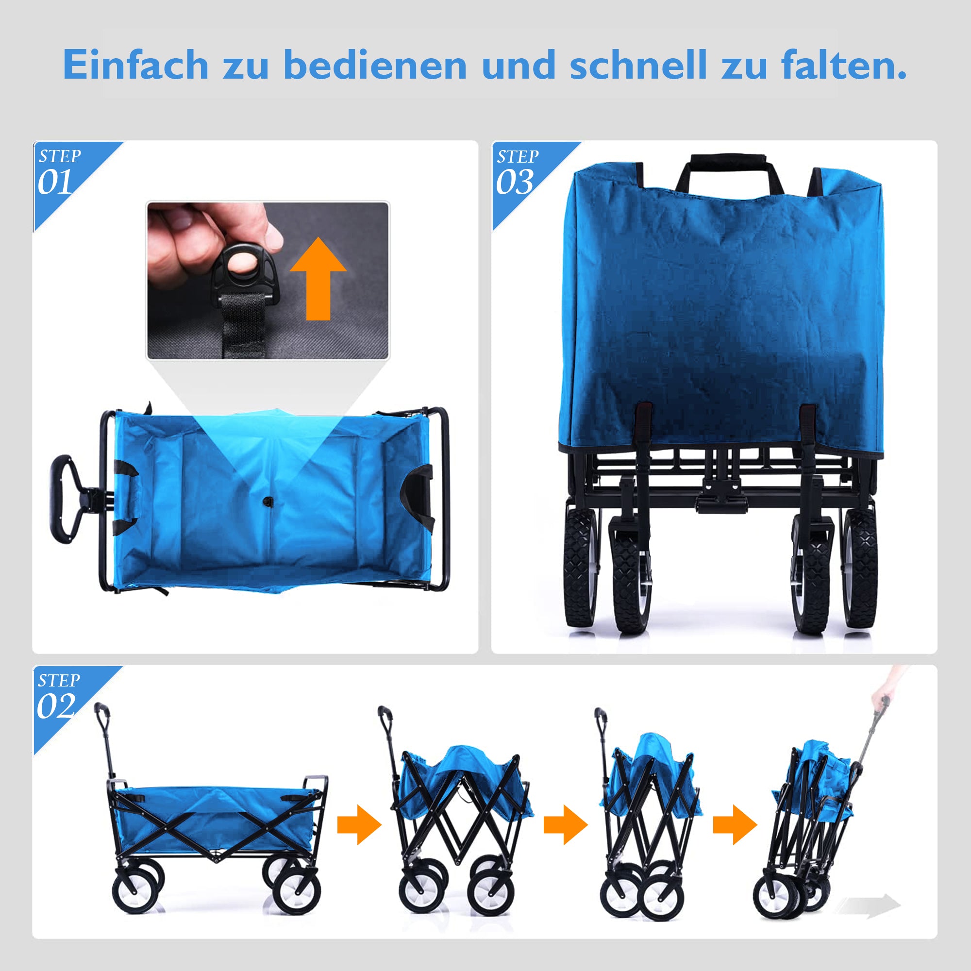 Collapsible Station Wagon Outdoor All Terrain Trolley, Foldable Garden Cart with Mesh Cup Holder and Adjustable Handles, Blue