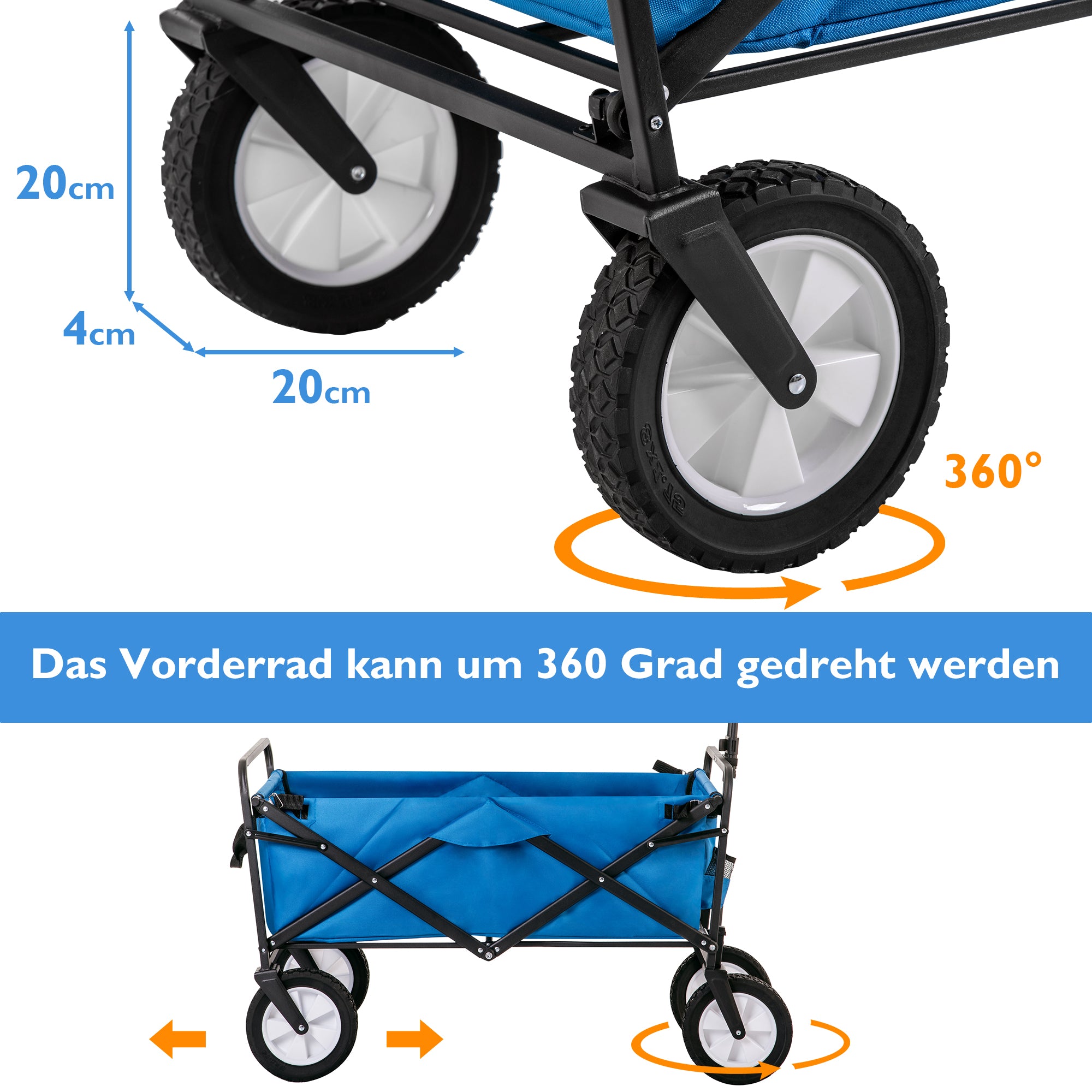 Collapsible Station Wagon Outdoor All Terrain Trolley, Foldable Garden Cart with Mesh Cup Holder and Adjustable Handles, Blue